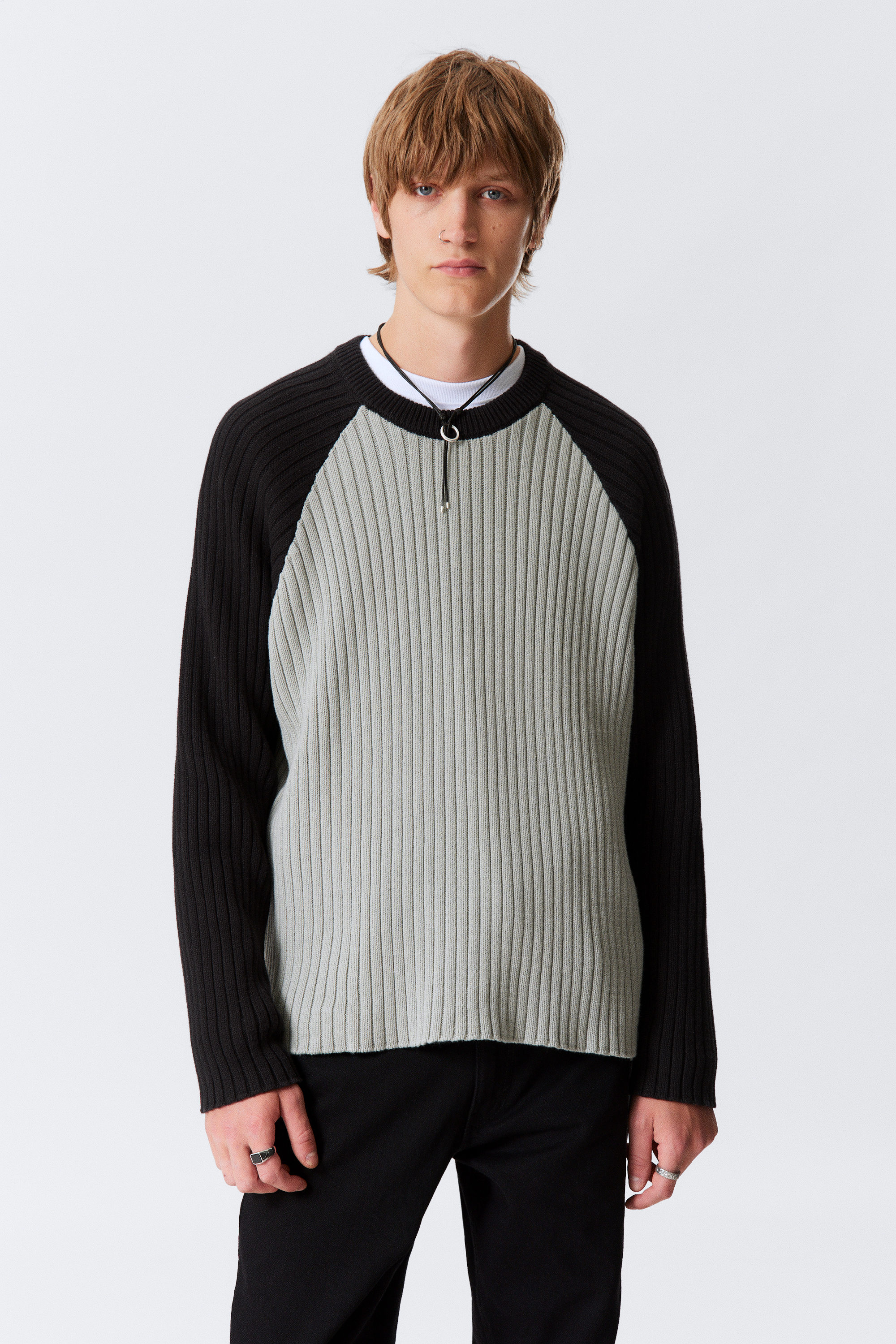 Grey/Black - Raglan-Sleeved Ribbed Cotton Sweater - 1