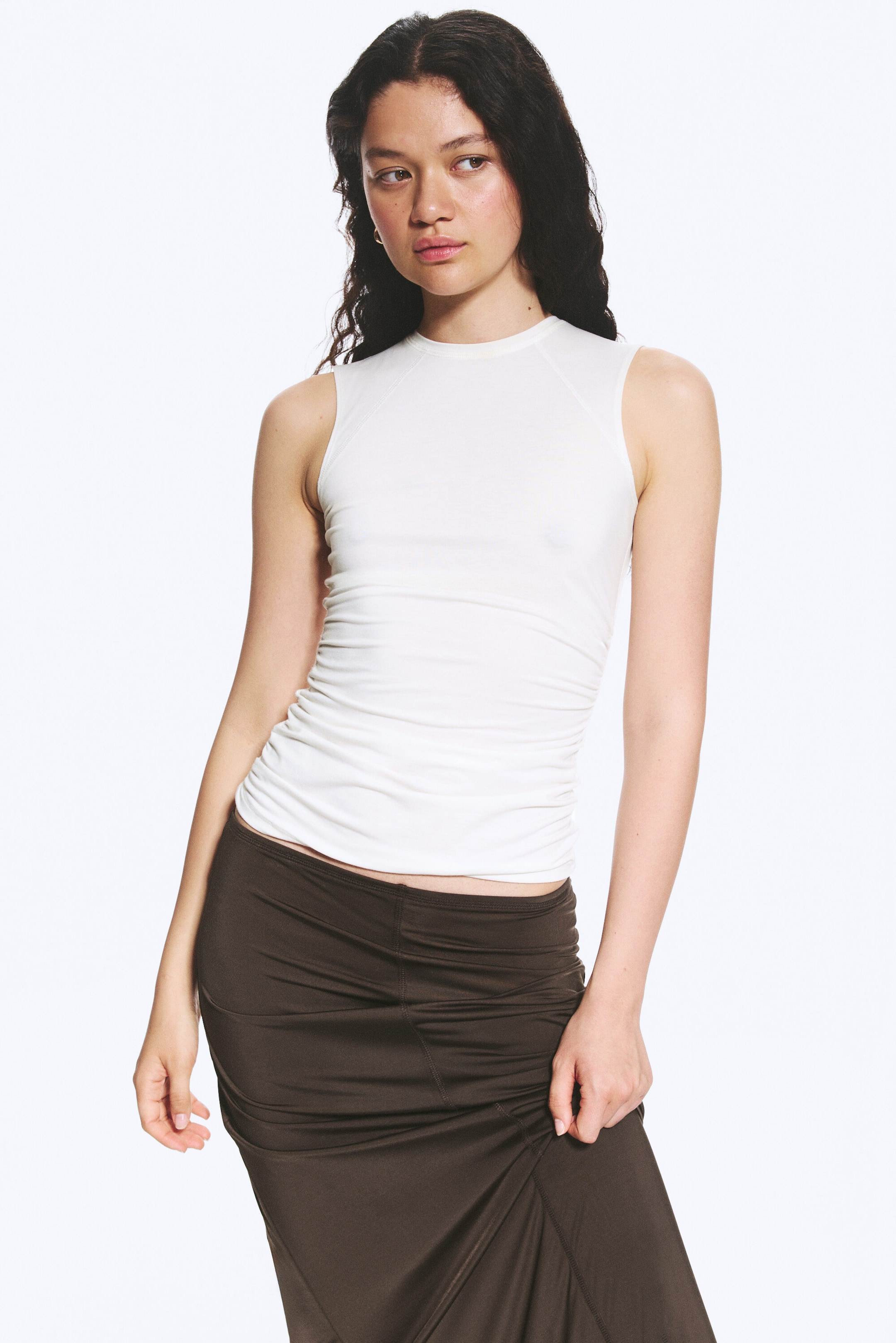 White - Sleeveless Gathered Jersey Top - 1