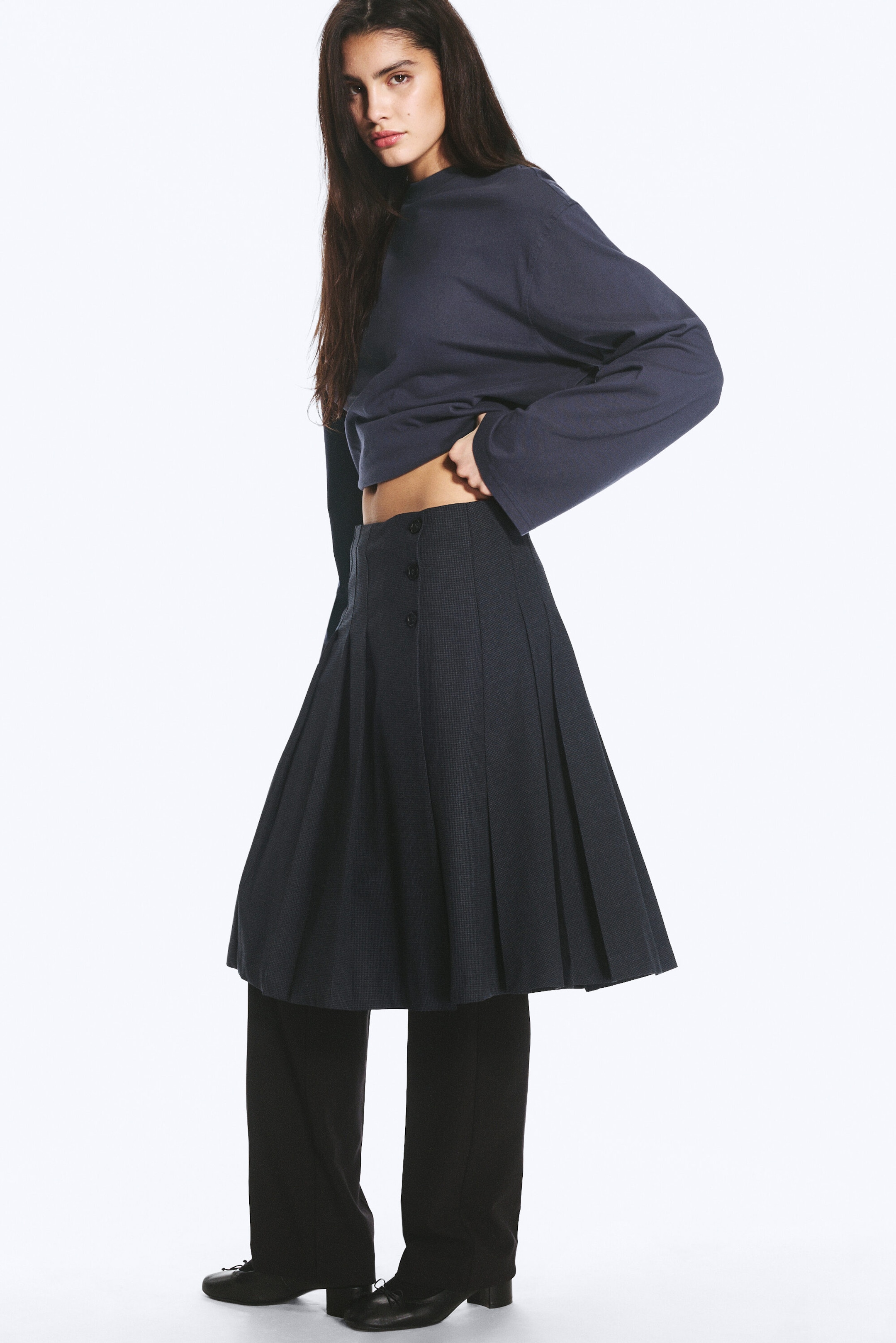 Checked Dark Grey Melange - Plissierter Midirock - 1