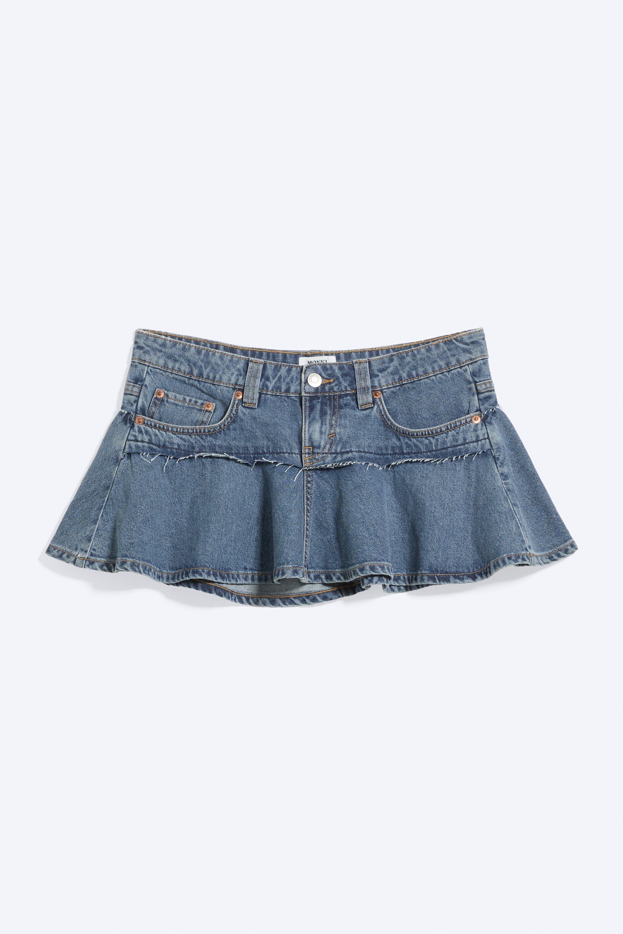 low rise flounced denim mini skirt - Medium Blue | Monki WW