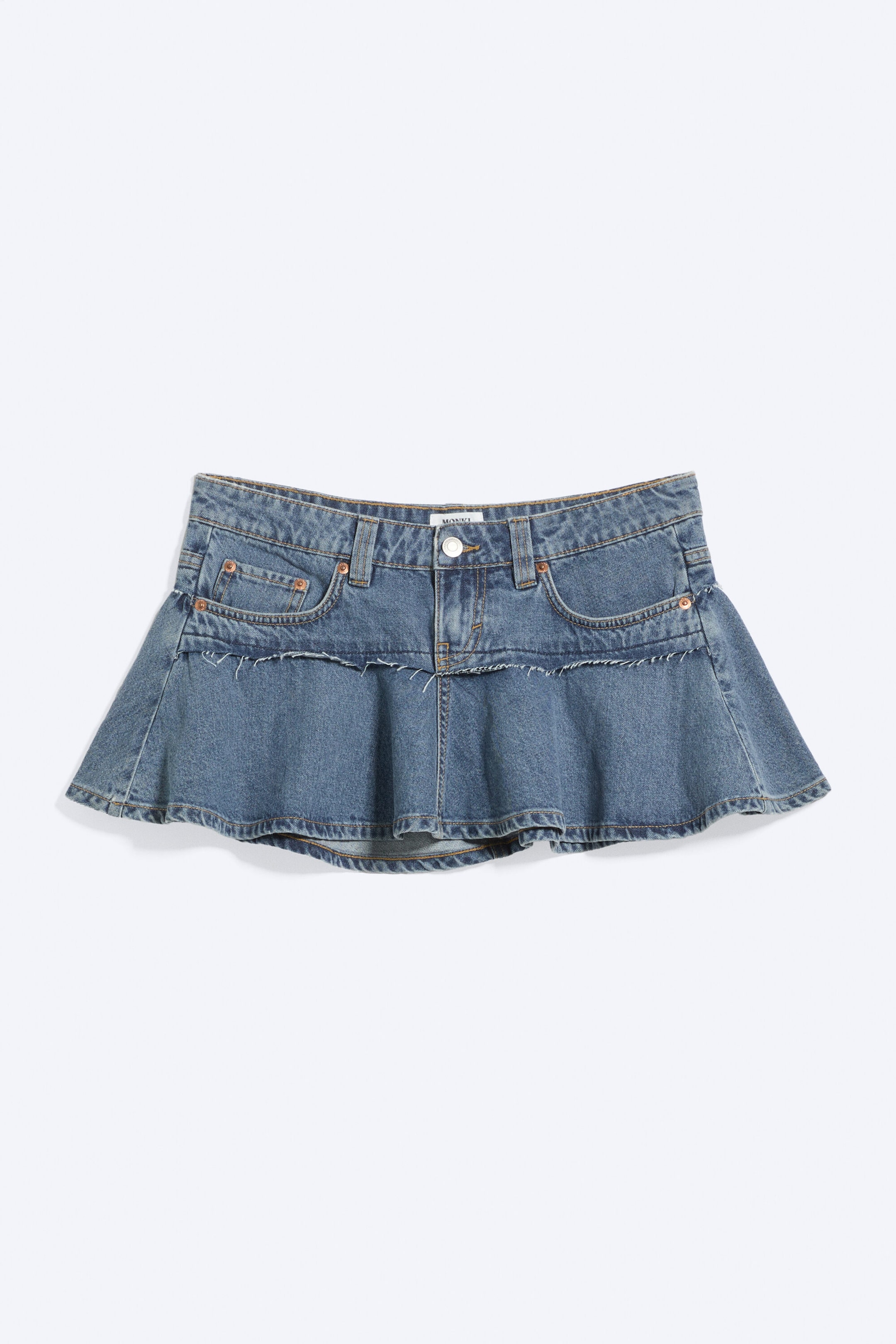 Mittelblau - Denim-Minirock mit niedrigem Bund und Volants - 4