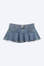 Mittelblau - Denim-Minirock mit niedrigem Bund und Volants - 4