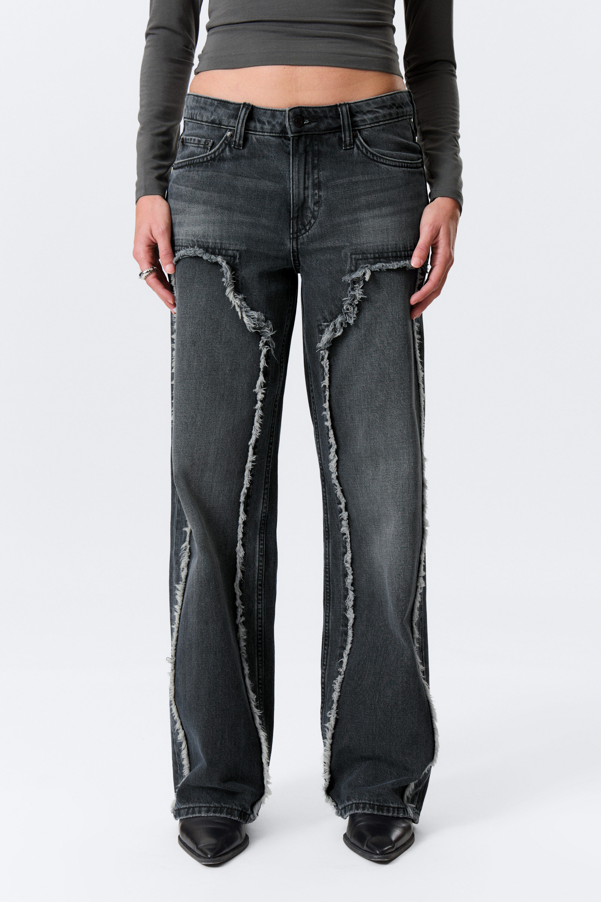 Kimberly Blue - Mörkblå - Ample Frayed Low Waist Loose Wide Leg Jeans - 2