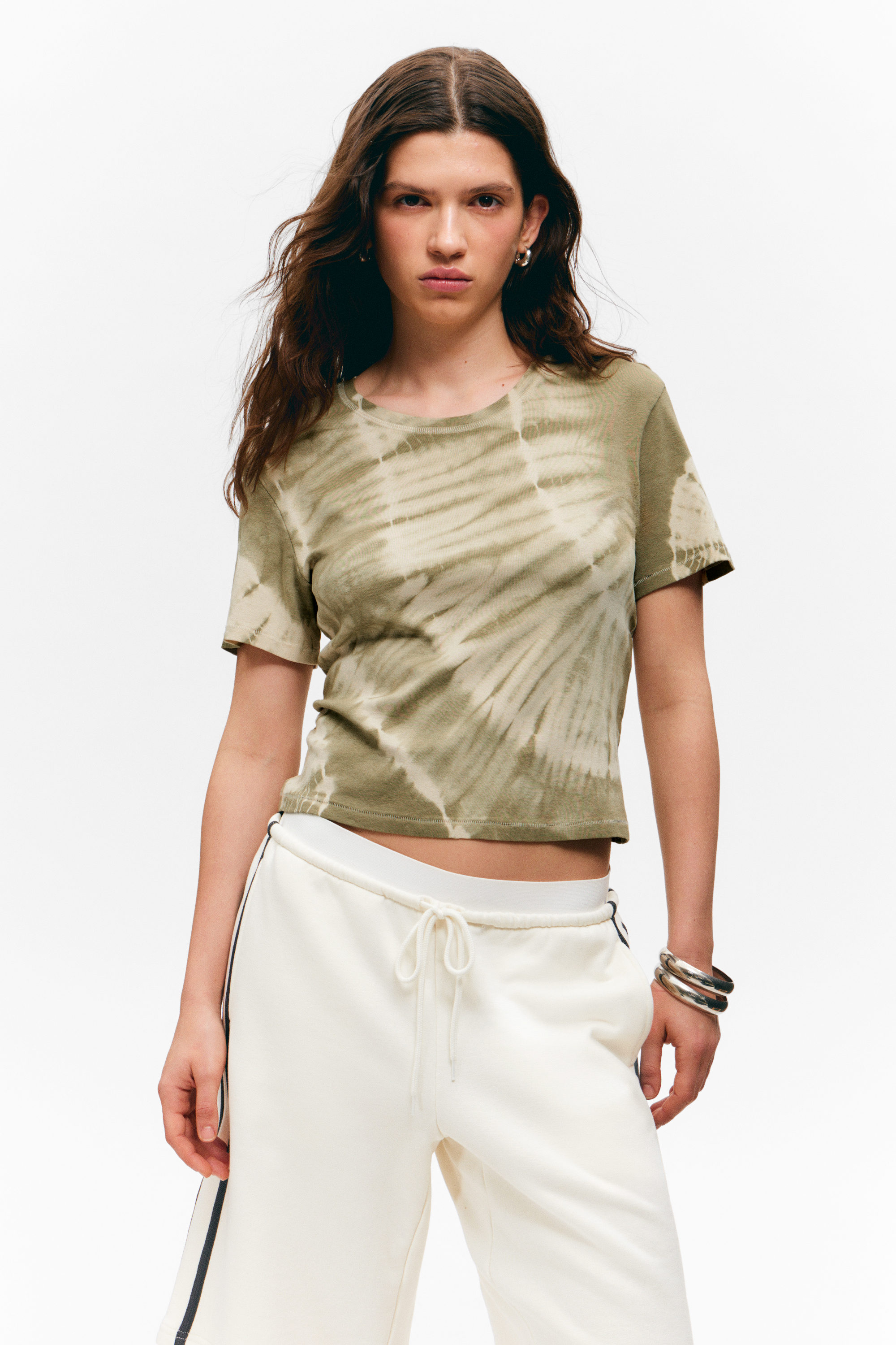 Khaki Green Tie-Dye - Cropped Printed Ribbed Cotton T-shirt - 2