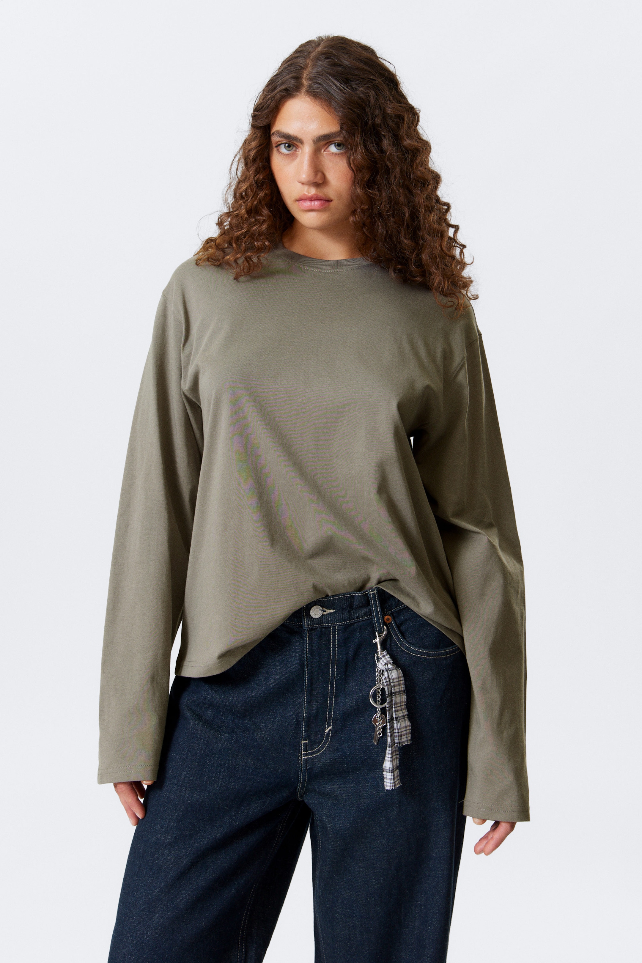 Grey - Long-Sleeved Boxy Cotton T-shirt - 1