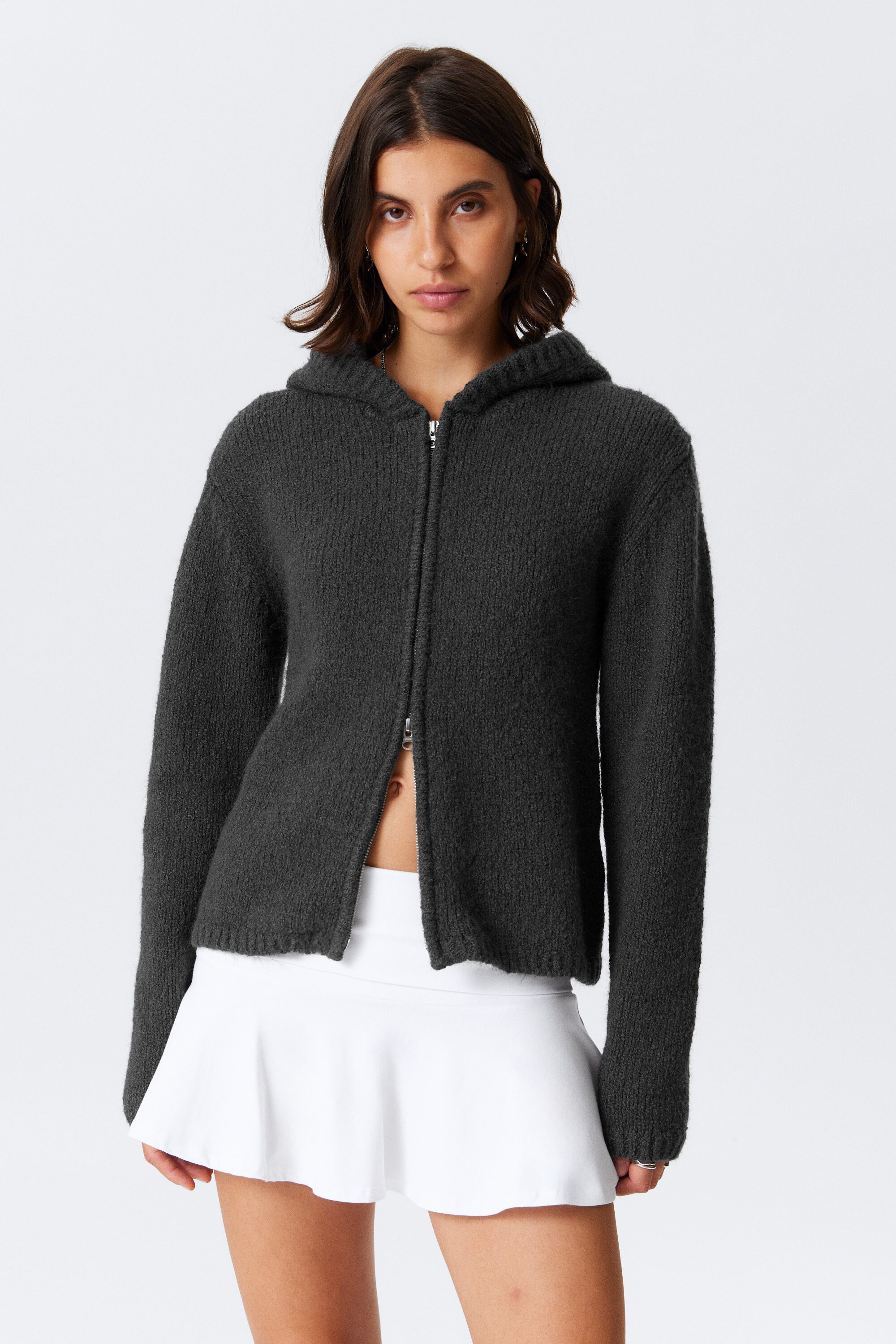 Donkergrijs - Ruimvallende gebreide hoodie met rits - 1