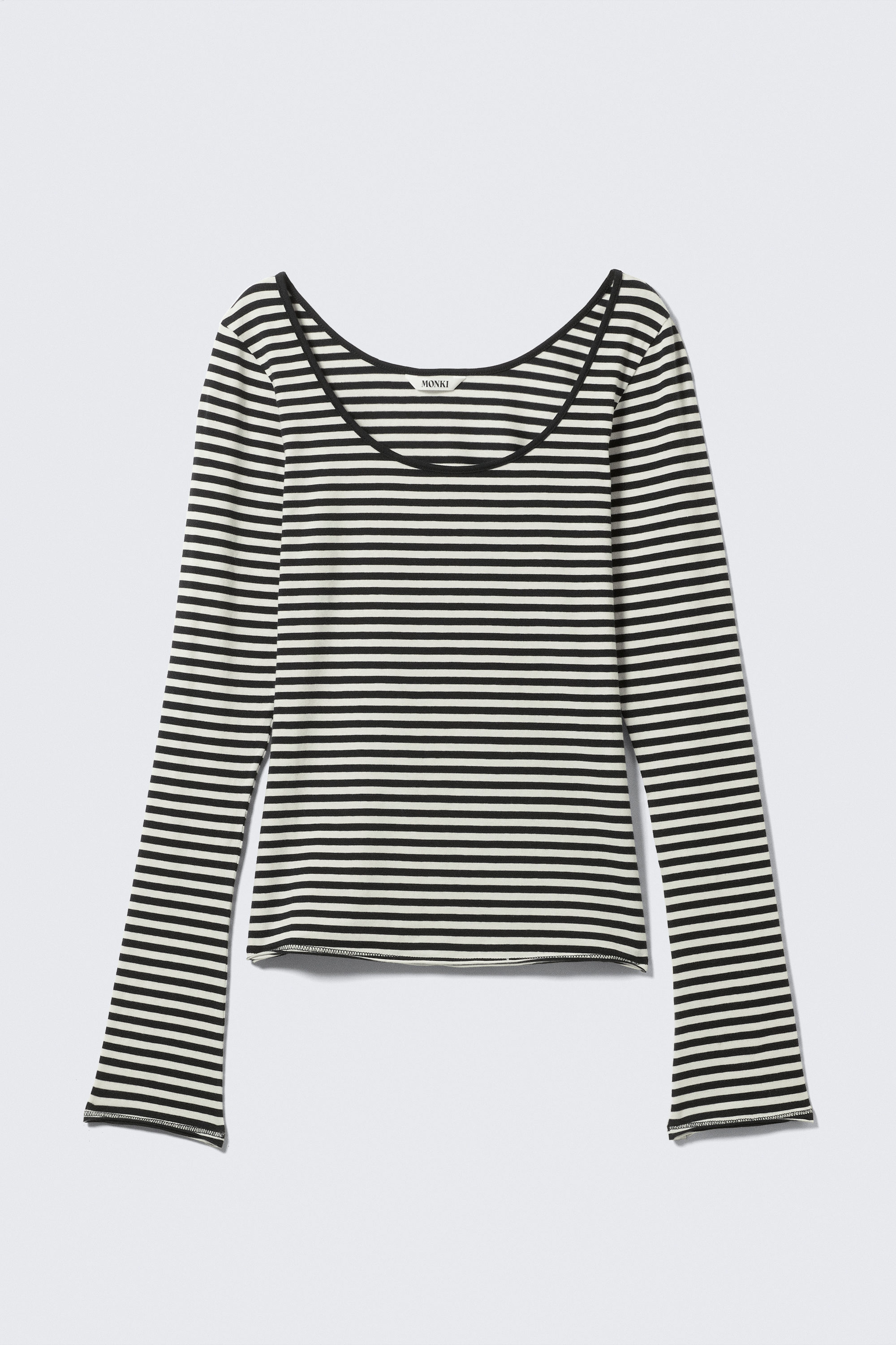 Black & White Stripes - Long-Sleeved Slim Fit Scoop Neck Top - 3