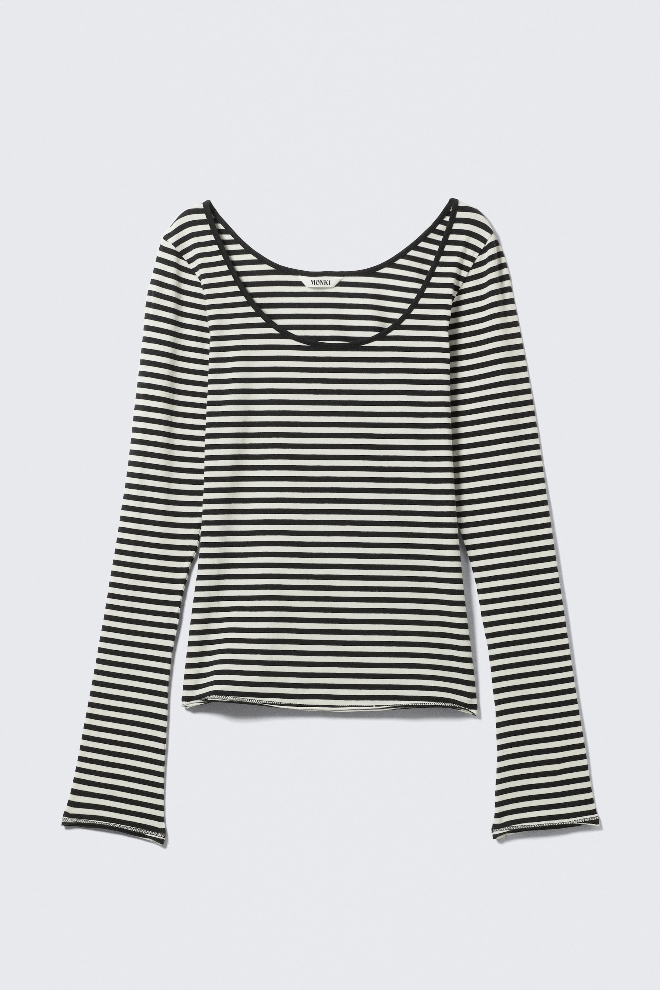 Black & White Stripes - Long-Sleeved Slim Fit Scoop Neck Top - 3