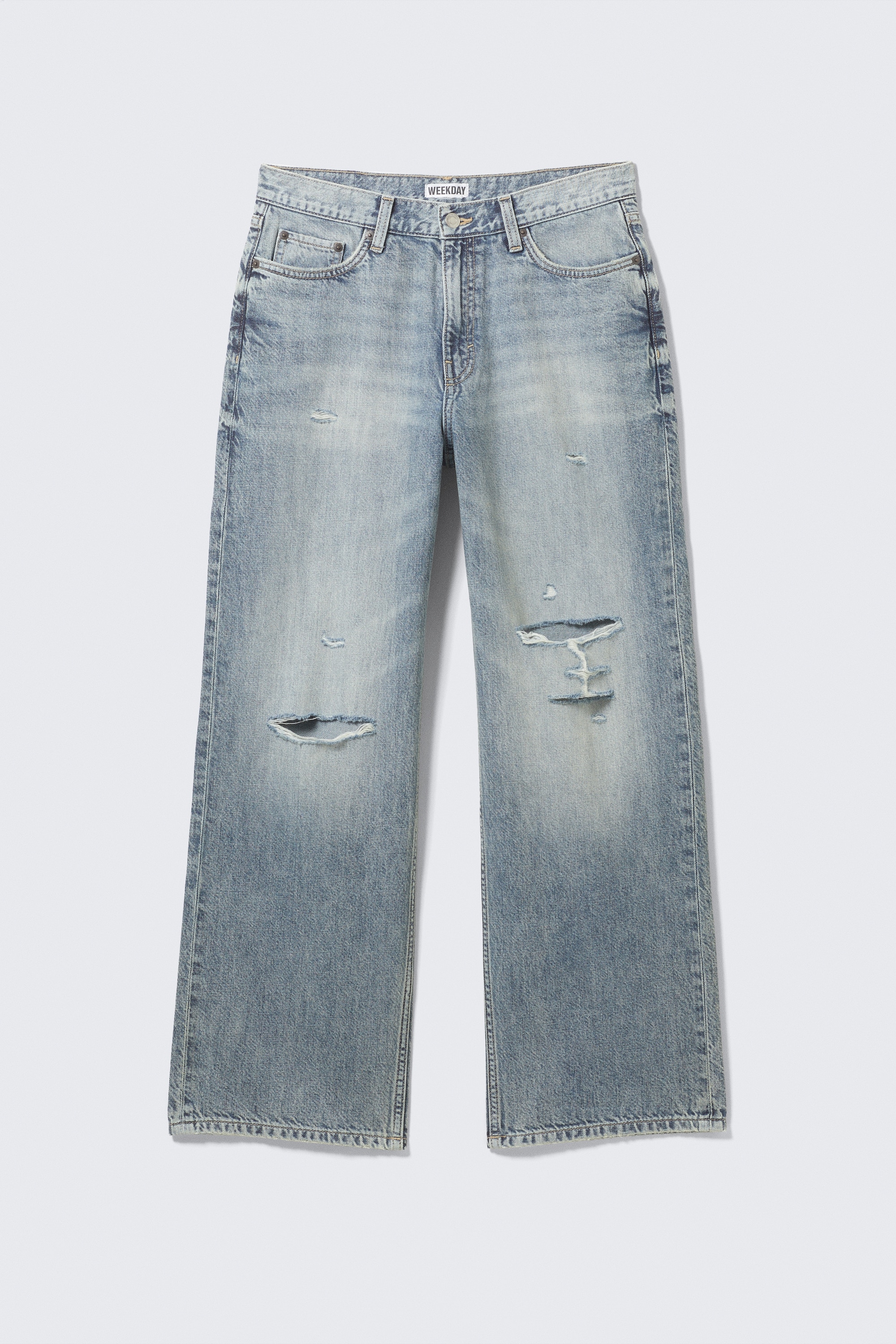 Dynasty Low Rise Loose Wide Leg Jeans - Torn Blue - Mittelblau