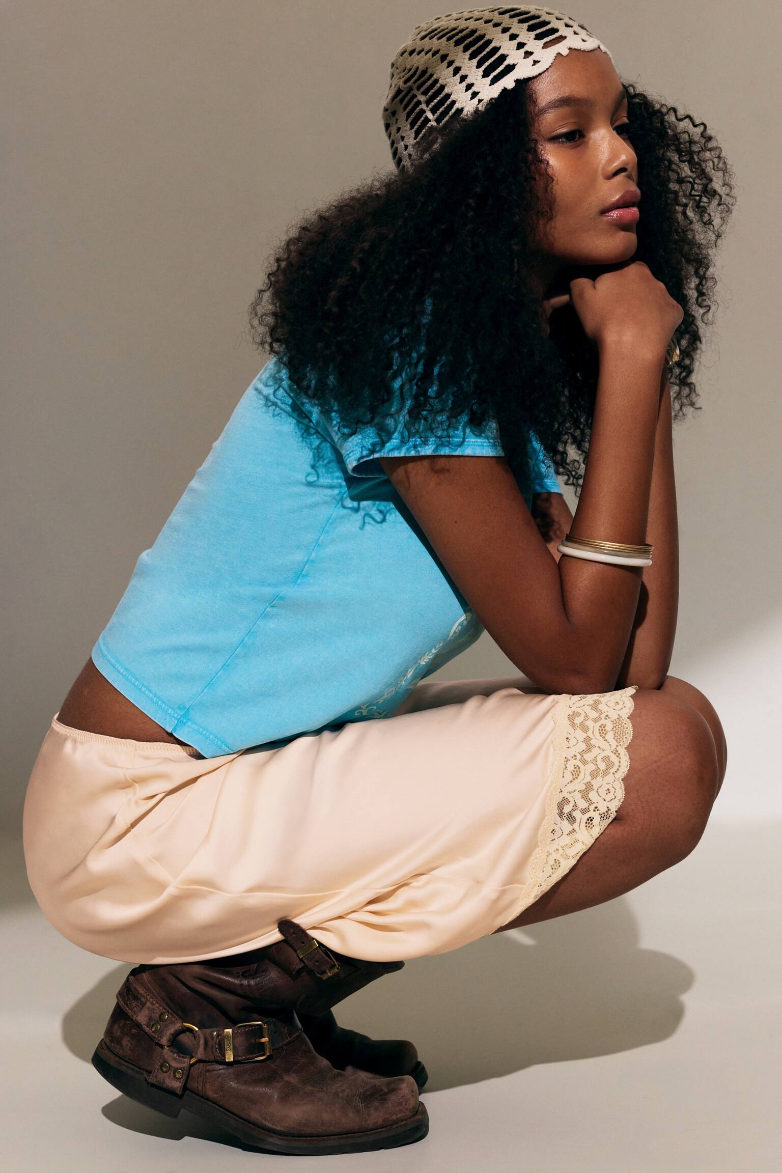 Gonna midi in raso con pizzo-Rosa polvere - 5