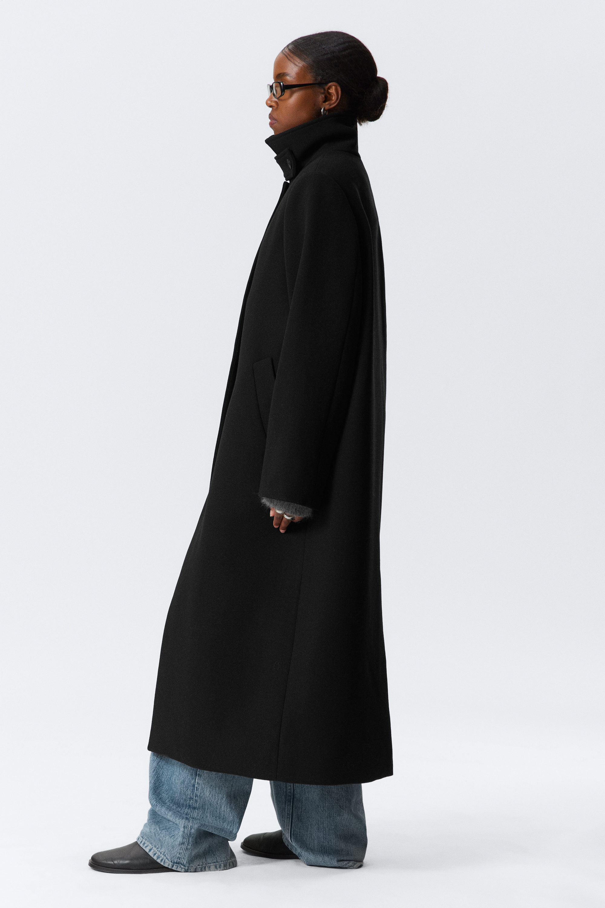 Zwart - Lange oversized jas van een wolmix - 3