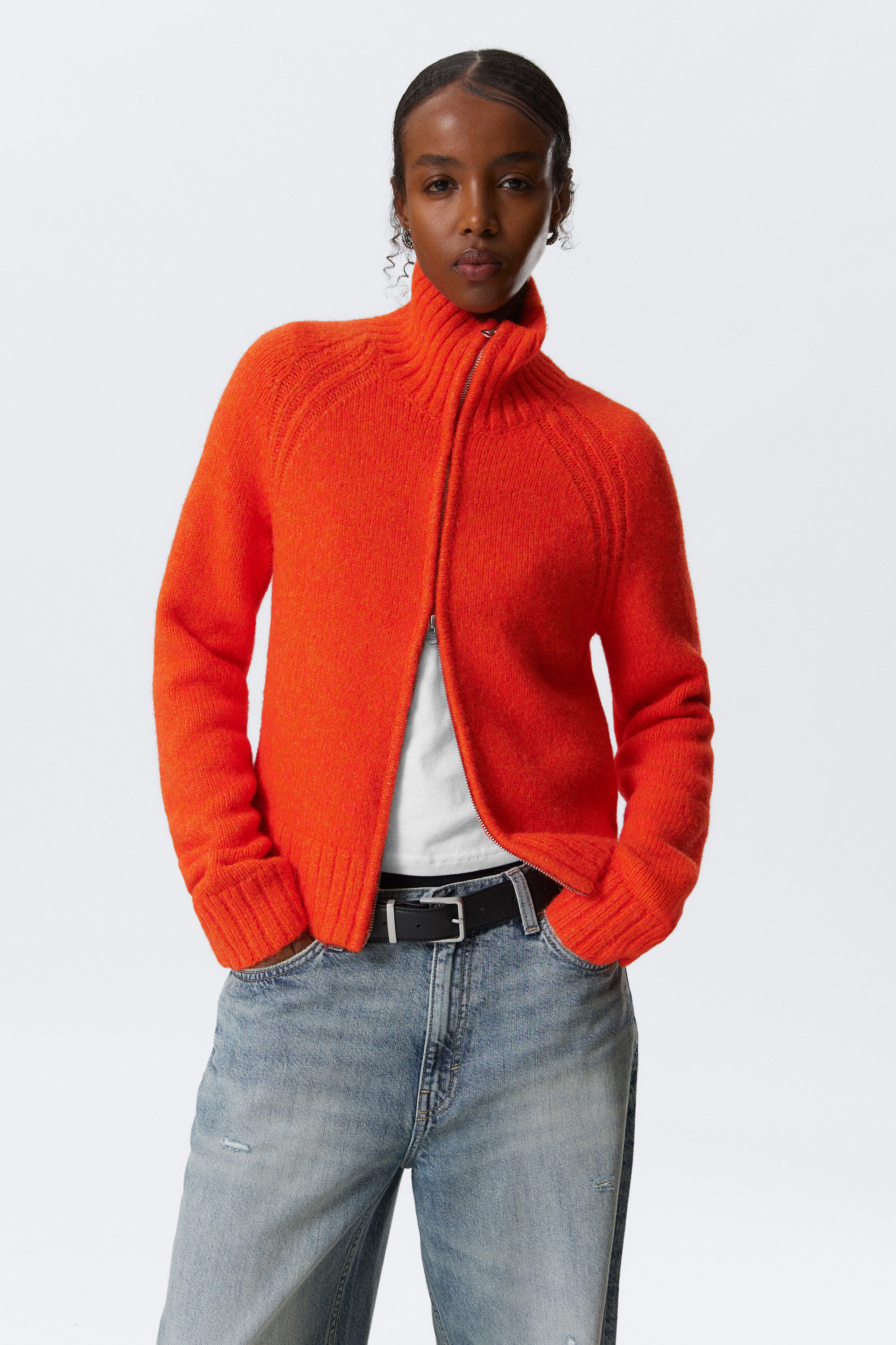Bright Orange - Soft Knitted Fitted Zip Cardigan - 1