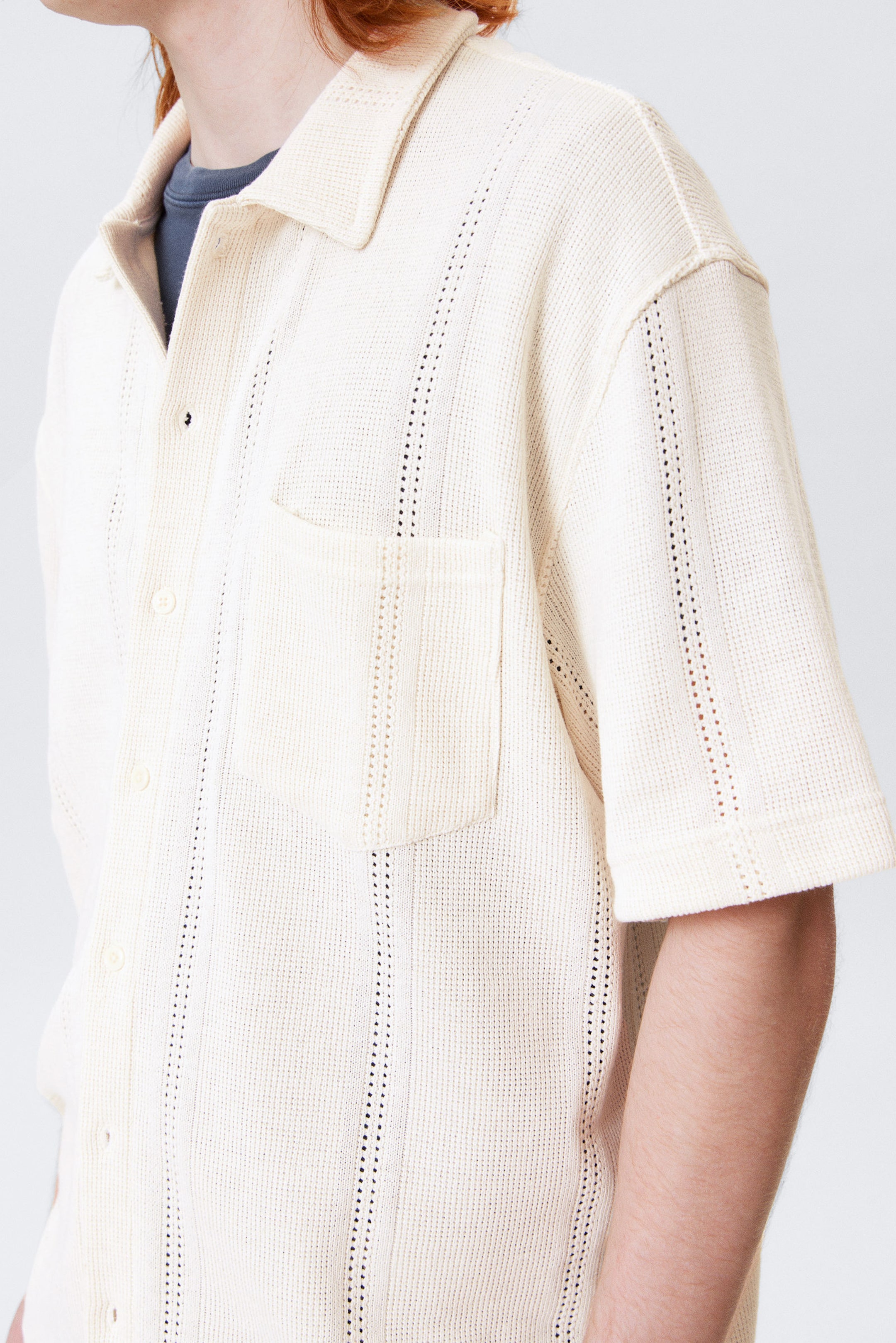 #F4F3E9 - Knitted Short-Sleeved Button-Up Shirt - 2