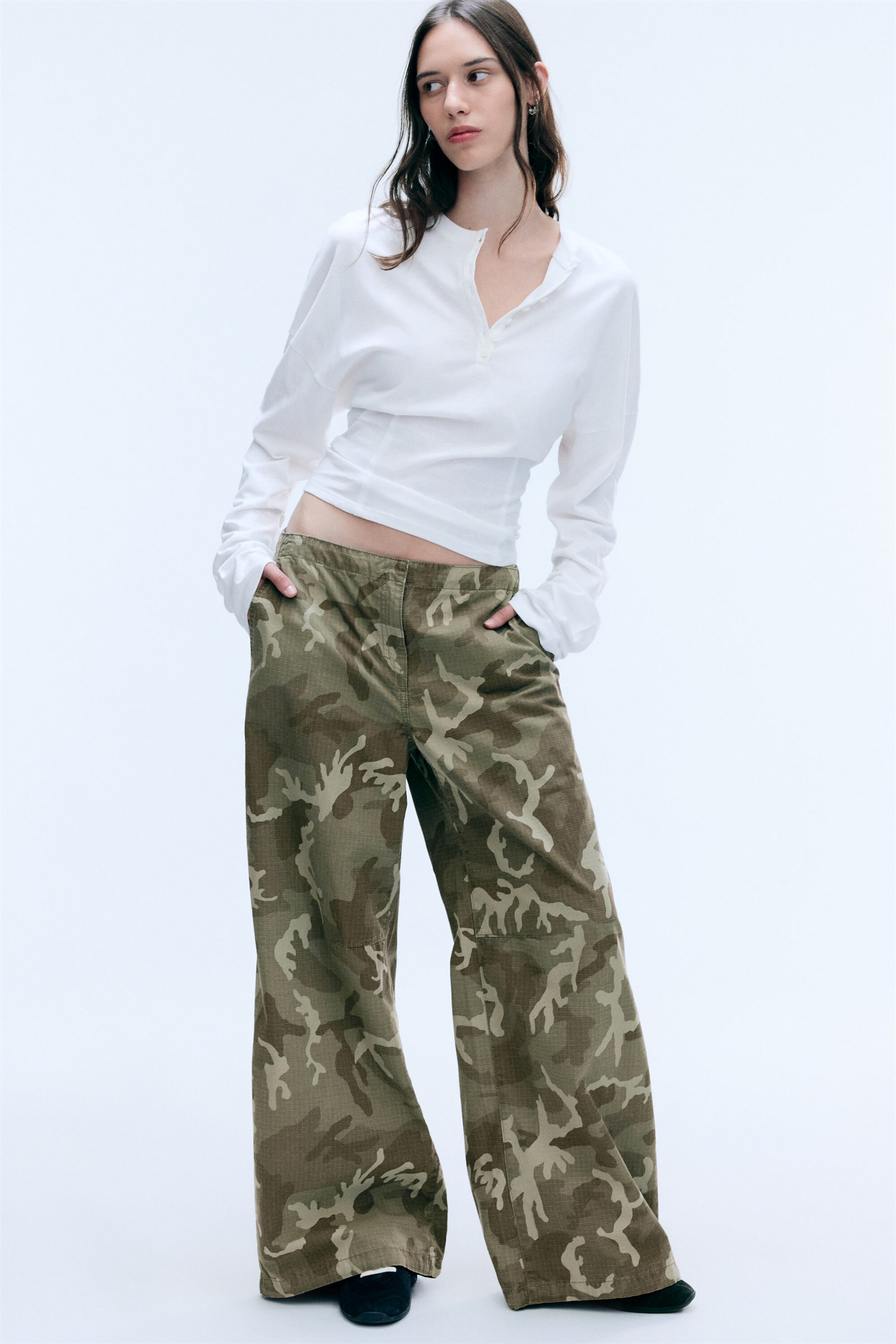 Khaki Green - Camo - Low Rise Baggy Ripstop Trousers - 5
