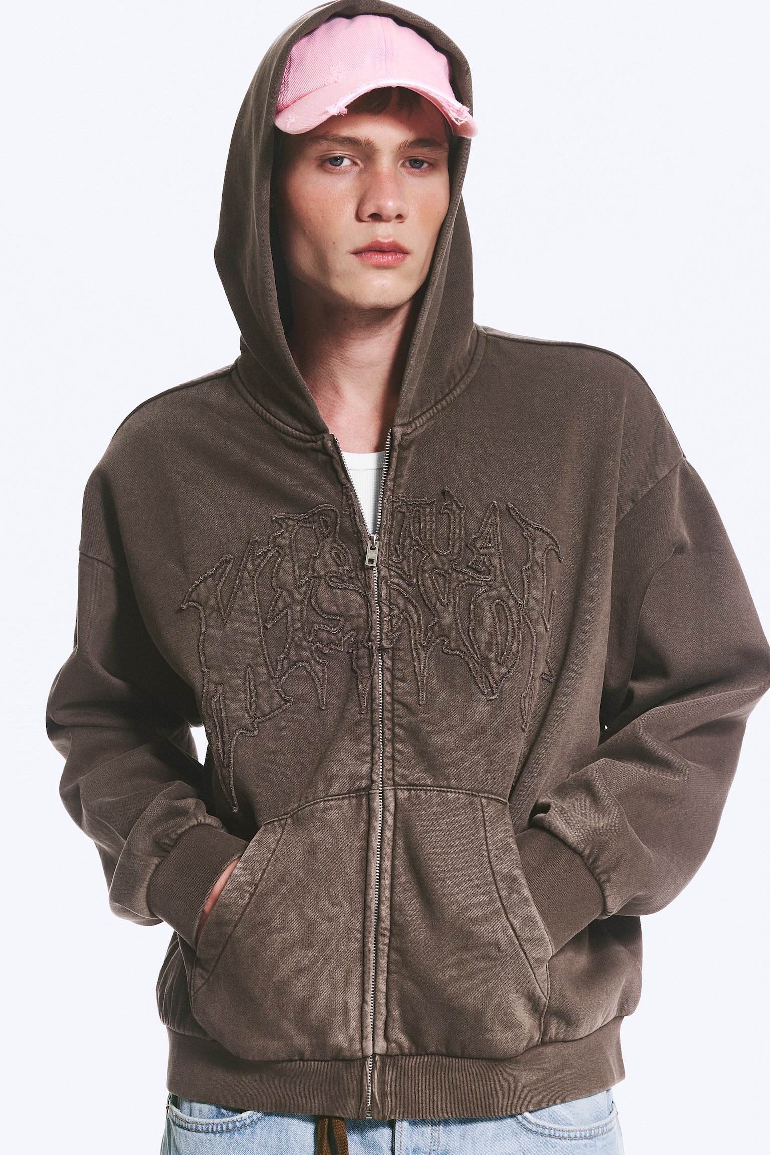 Weiter Hoodie mit Reißverschluss und Print - Dunkelbraun/Dunkelblau - "Broken Beats"/Gelbe - Rote Welle/Dunkles Graubraun - 1