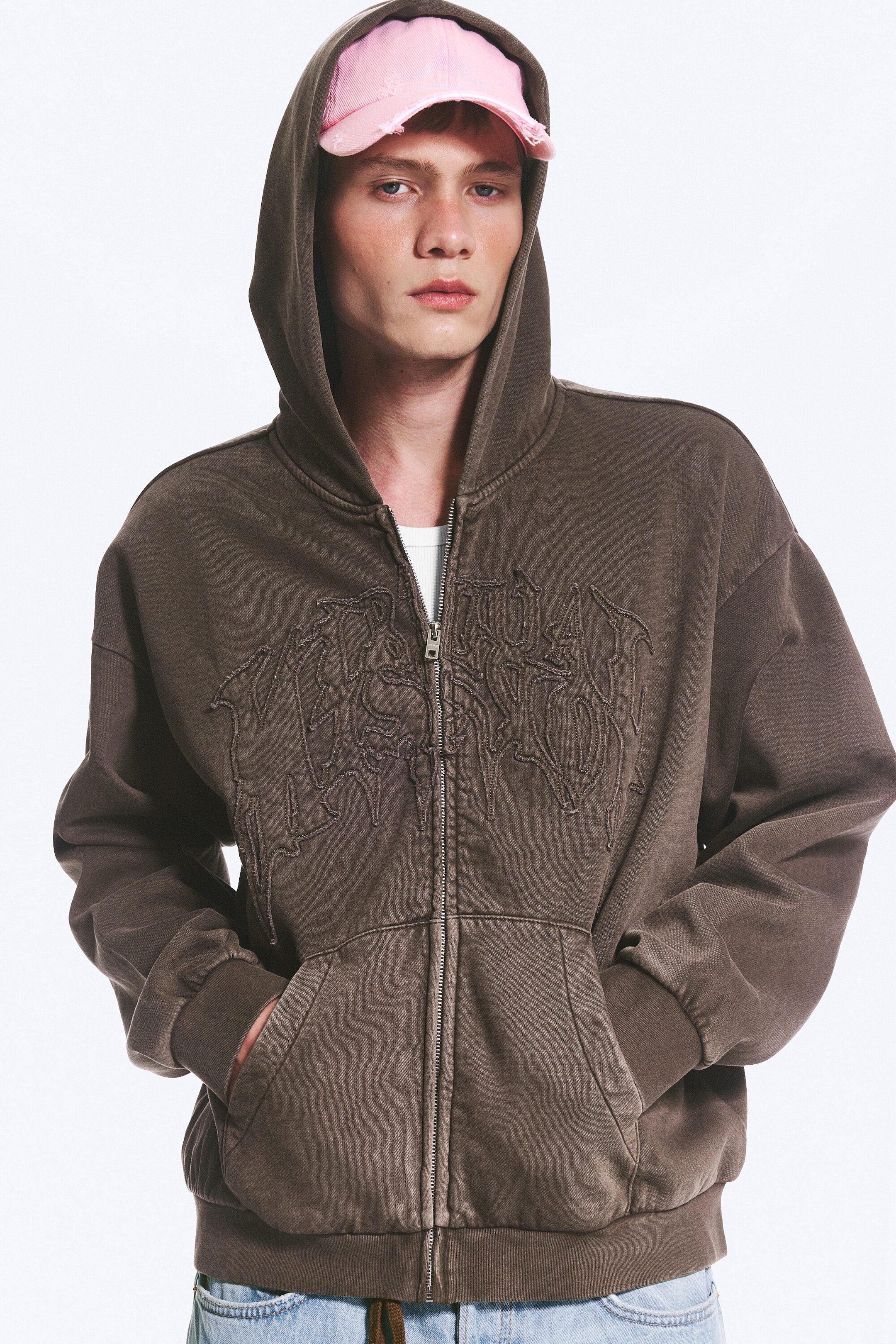 Dark Brown - Loose Graphic Zip Hoodie - 1