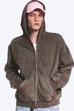 Dark Brown - Loose Graphic Zip Hoodie - 0