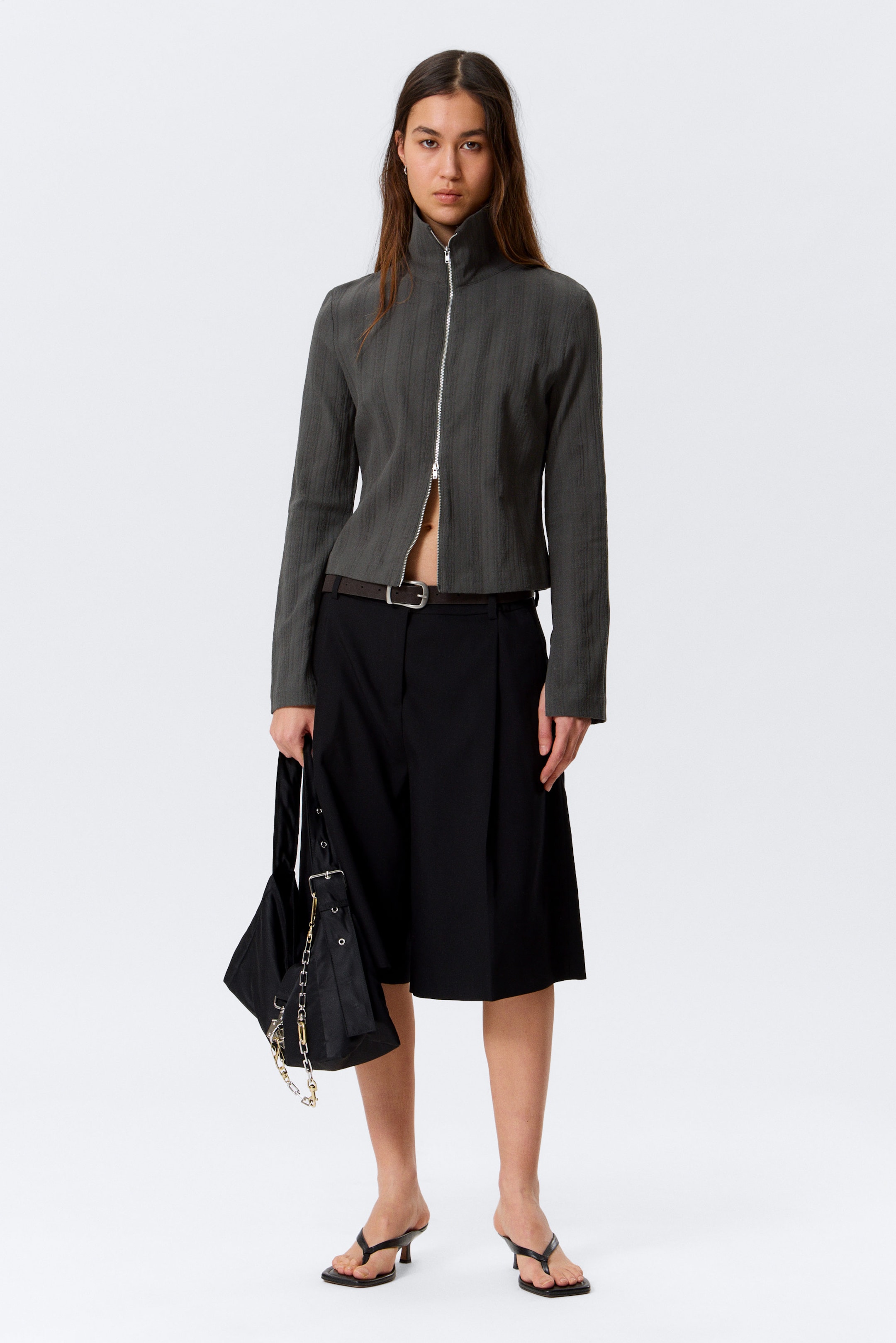 Gris foncé - Chemise zippée ajustée à manches longues - 1