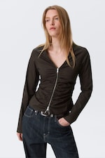 Dark Brown - Gathered V-Neck Zip Top - 1