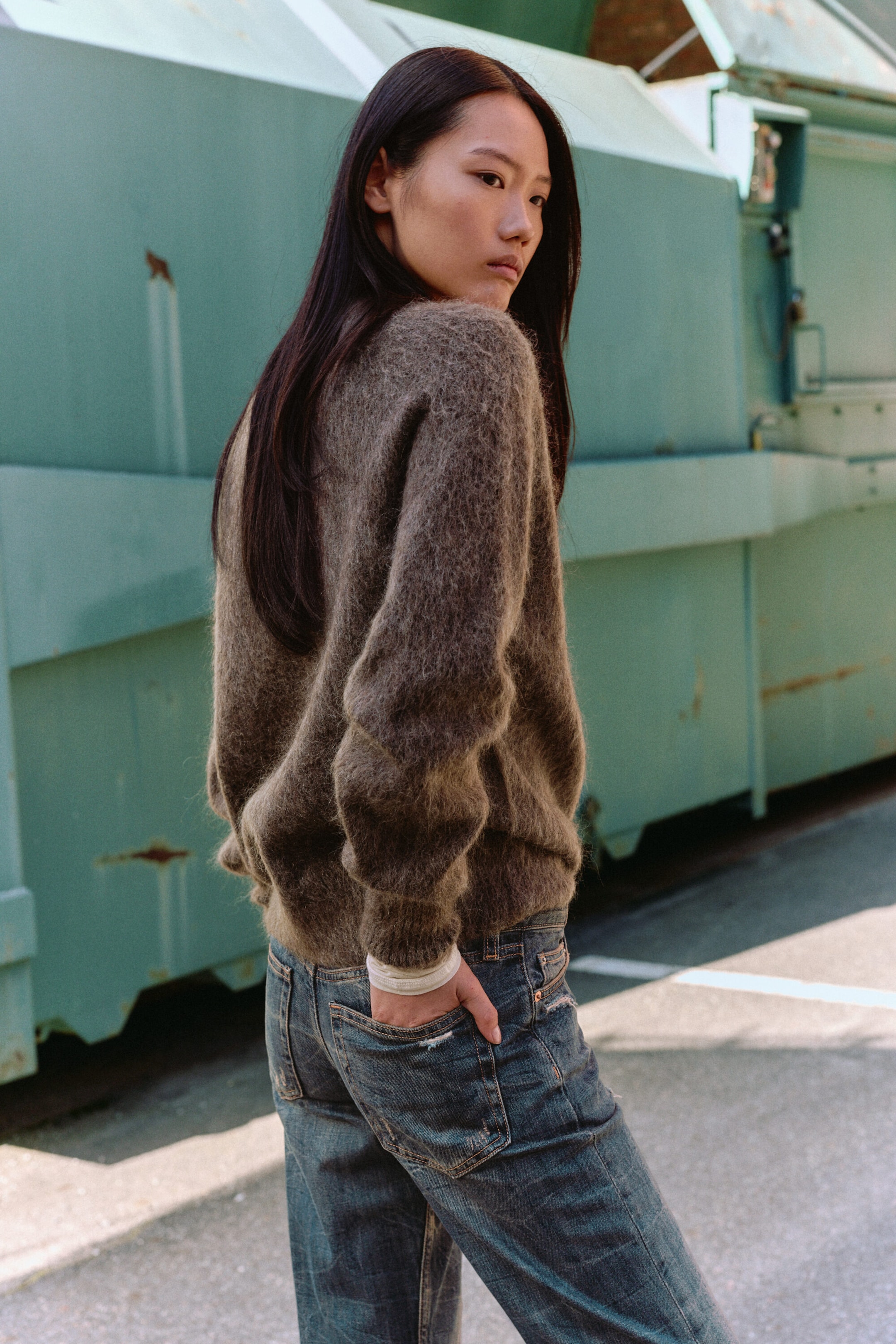 Taupe foncé - Pull col en V en maille mélangée de mohair - 3