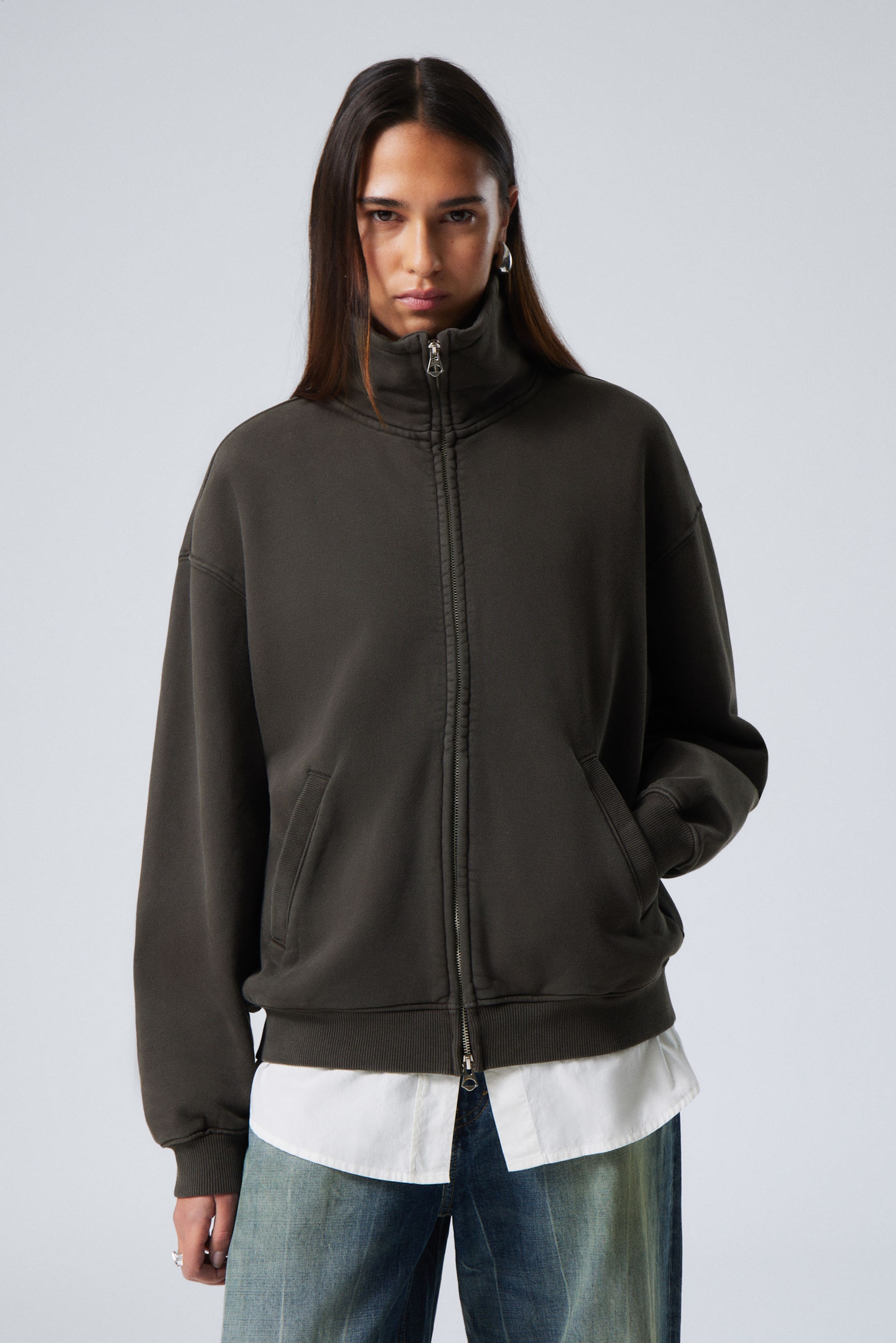Dunkelgrau verwaschen - Lockerer Zip-Cardigan mit Trichterkragen - 1