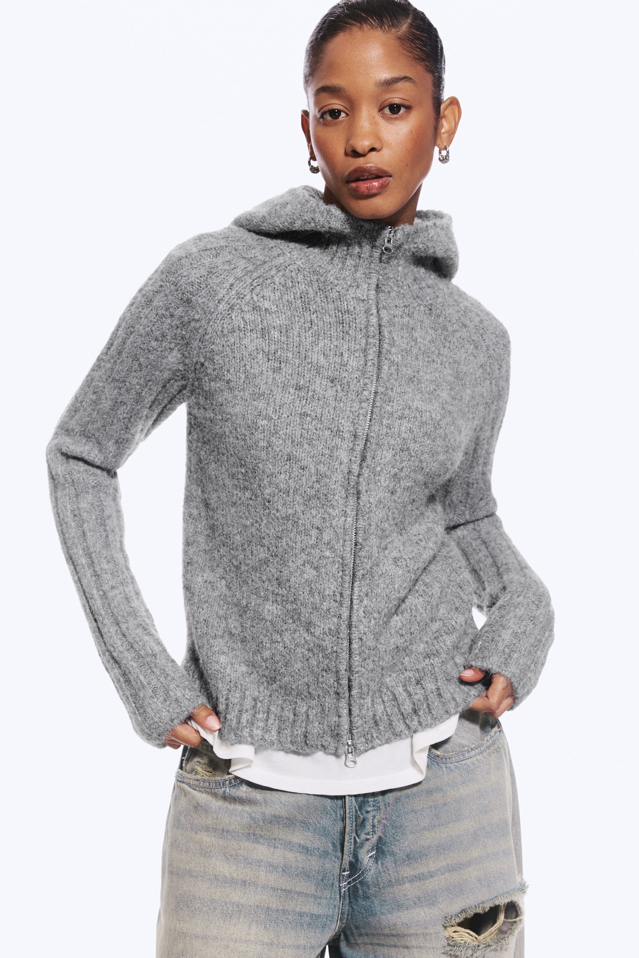 Gedecktes Grau meliert - Gestrickter Zip-Hoodie - 1