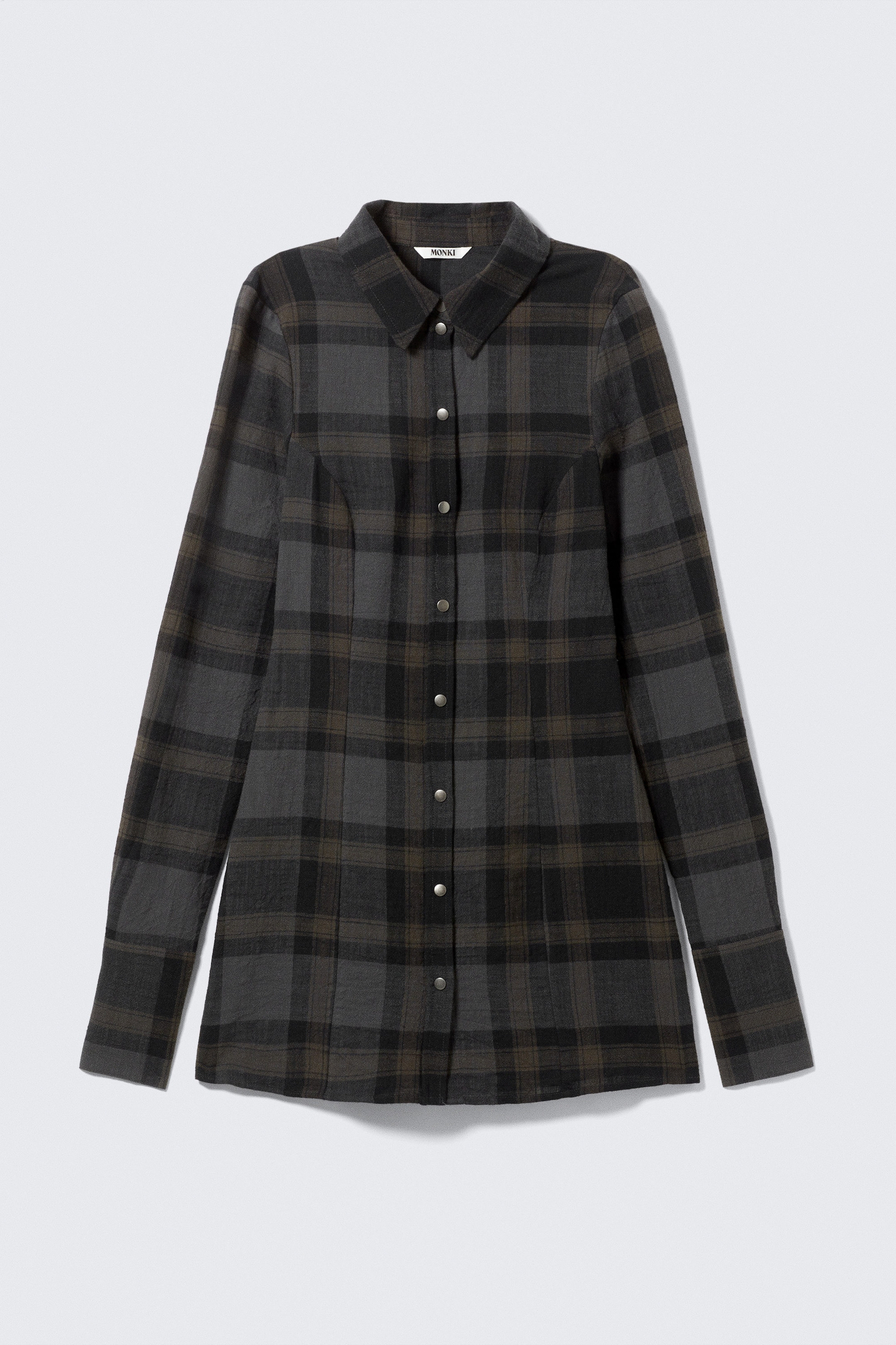 Dark Grey Check - Long-Sleeved Mini Shirt-Dress - 1