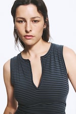 Blue & Black Stripe - Slim V-neck Sleeveless Top - 1