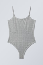 Grey - Rhinestones - Rhinestone Scoop-Neck Swimsuit - 0