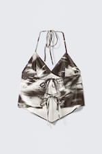 Marron - Floral abstrait - Crop top imprimé avec dos nu - 1