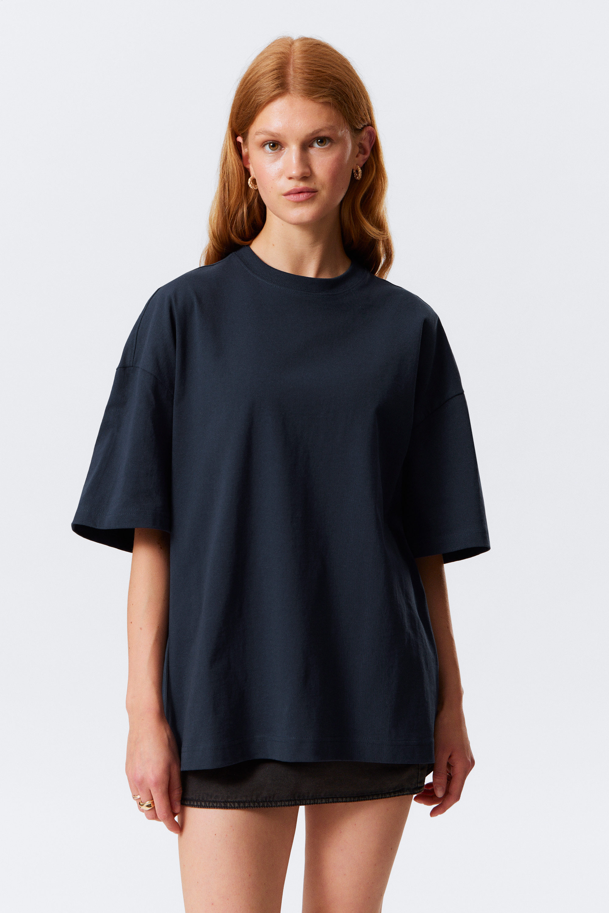 Navy Blue - Oversized Short-Sleeved Cotton T-shirt - 1