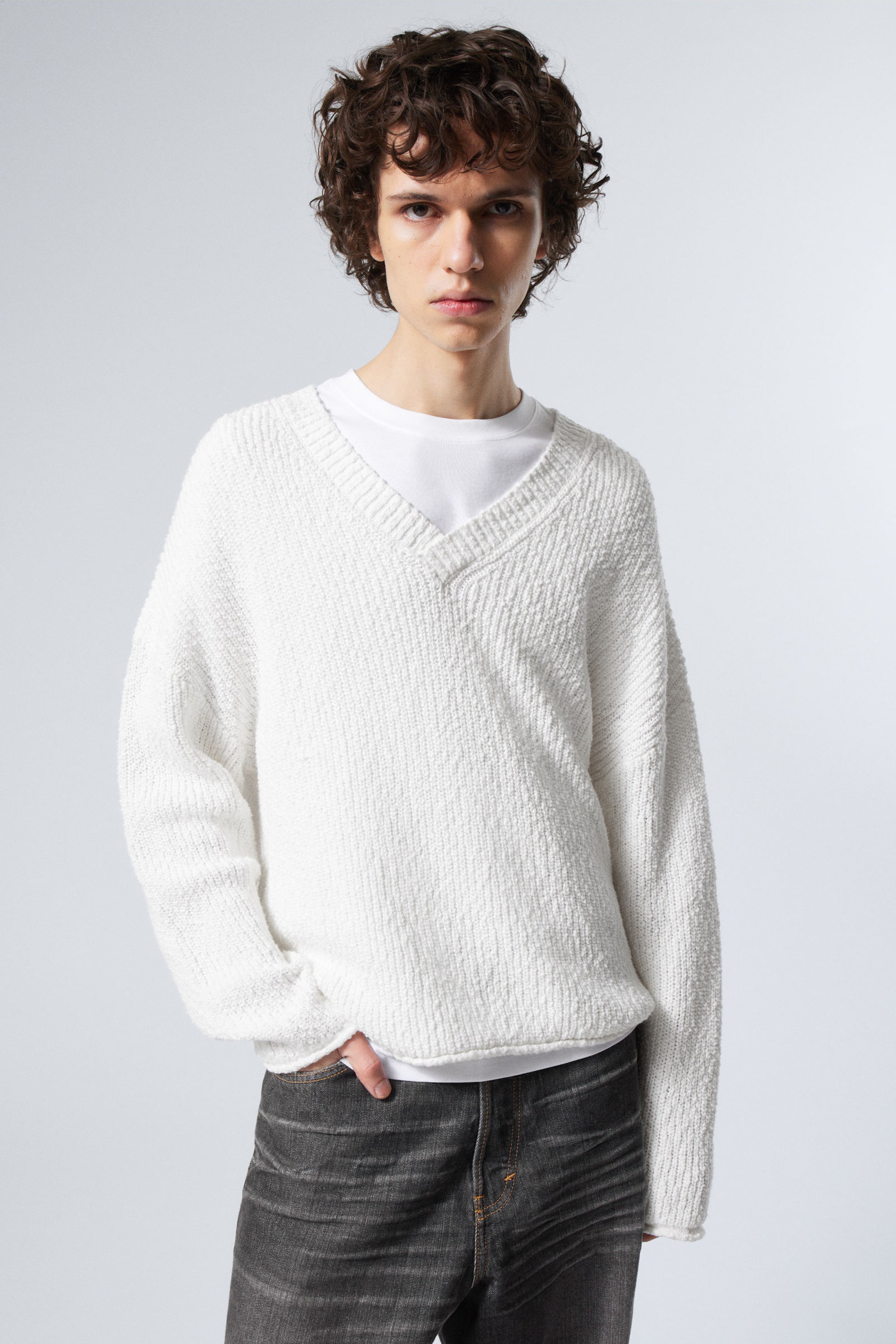 #F4F3E9 - Boxy Knitted V-neck Sweater - 1