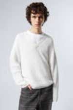 White - Boxy Knitted V-neck Sweater - 0