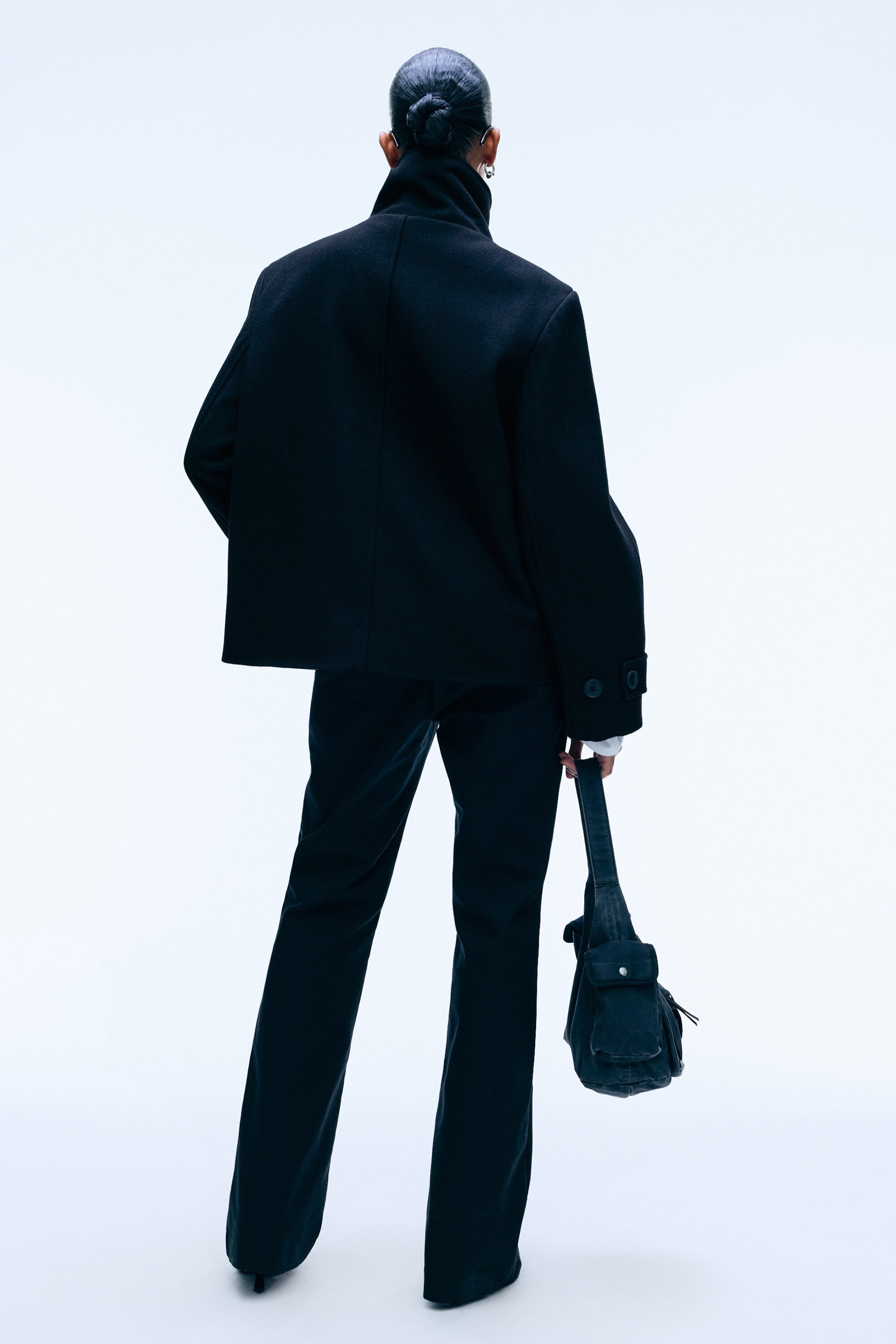 Black - Funnel collar wool-blend jacket - 4