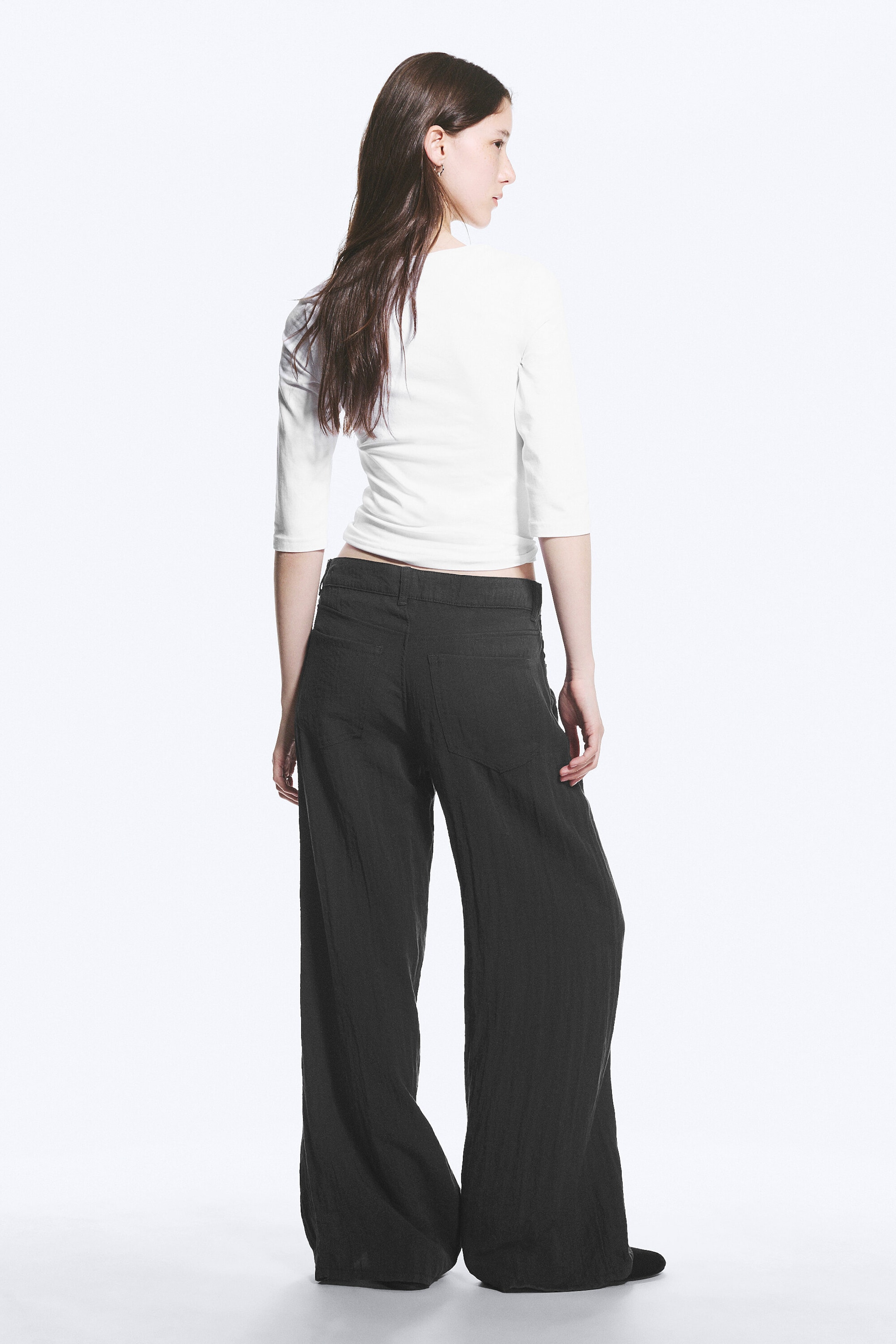 Dark Grey - Crinkle Low Waist Loose Fit Trousers - 3