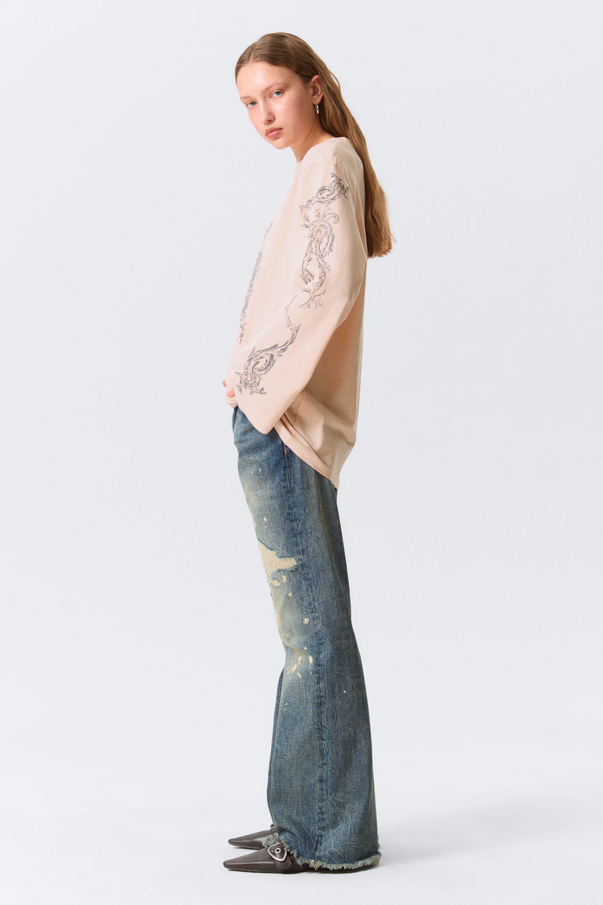 Printed Light Pink - Printed Long-Sleeved Cotton T-shirt - 2