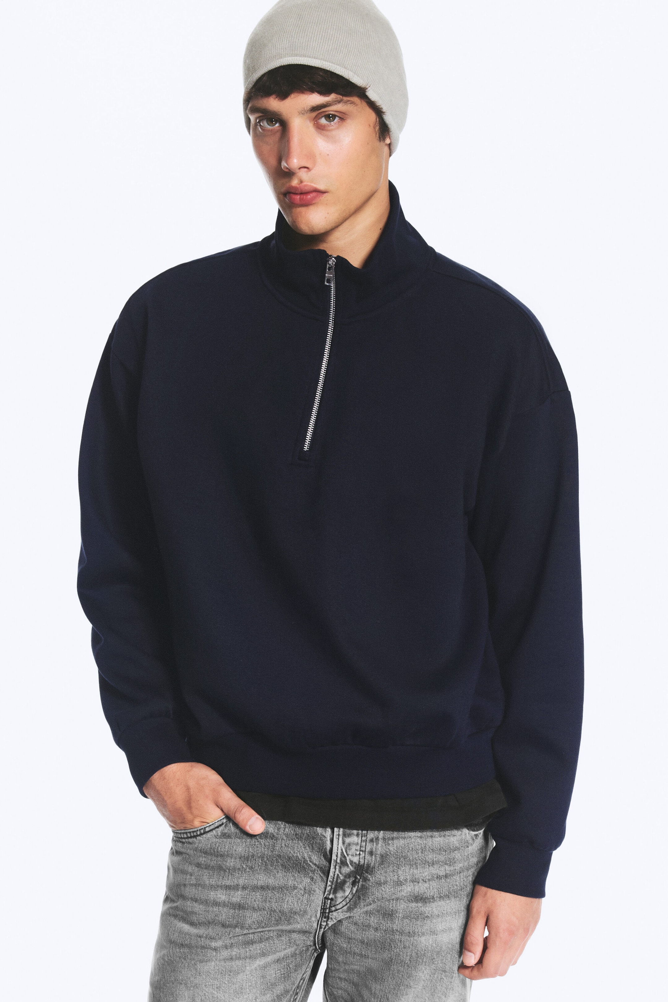 Bleu marine foncé - Sweat à demi-fermeture zippée ample - 1