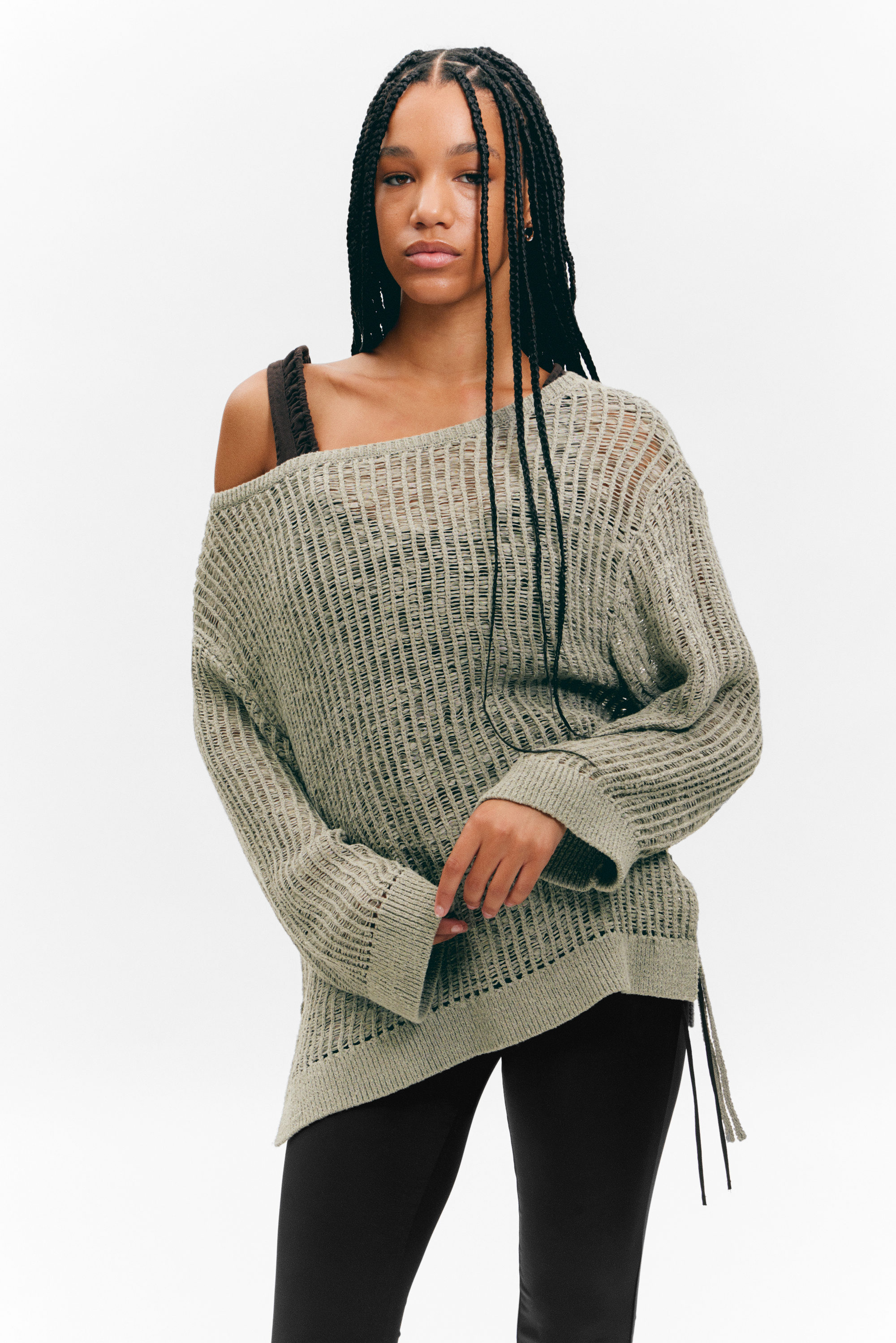 Khaki Green - Loose Open-Knit Side Slit Sweater - 3
