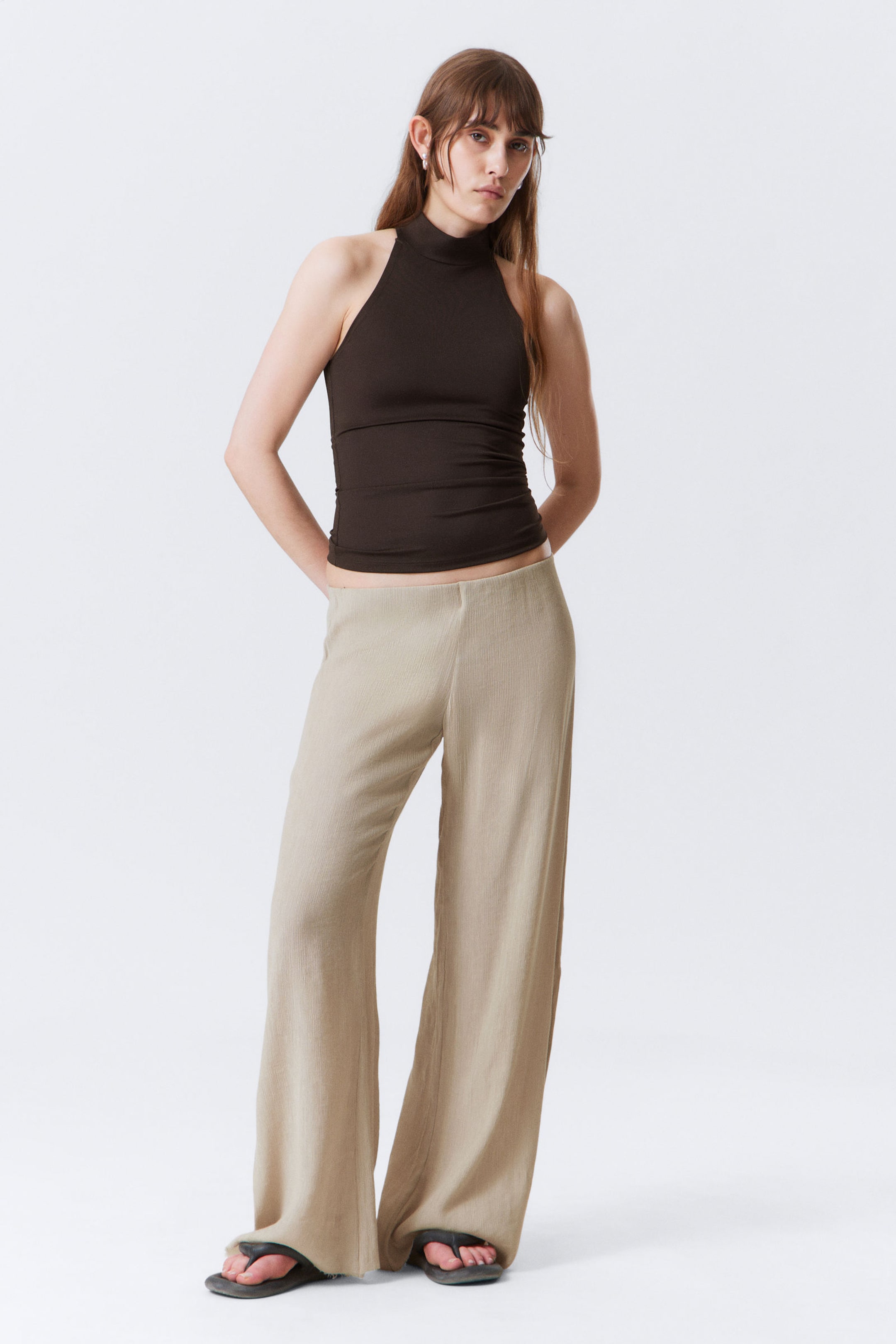 #B6AE9F - Crinkled Low-Rise Wide-Leg Trousers - 1
