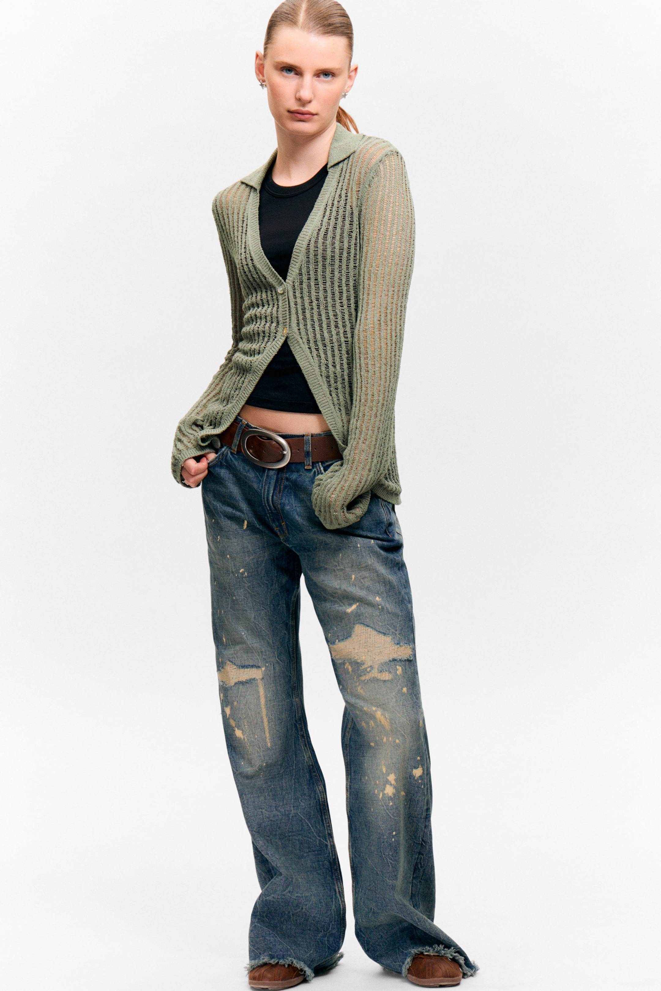 Khaki Green - Open-Knit V-neck Cardigan - 1