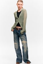 Khaki Green - Open-Knit V-neck Cardigan - 0