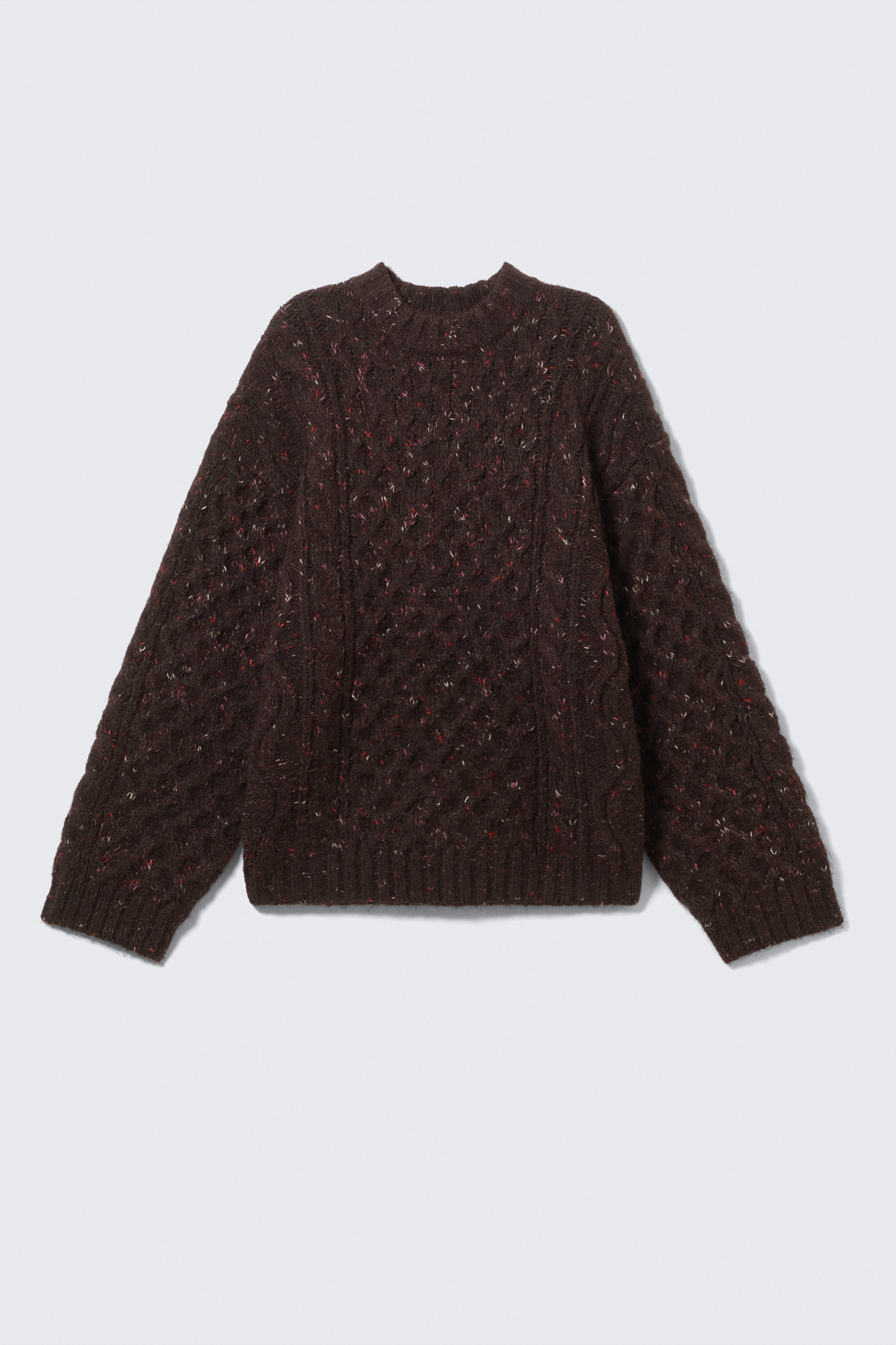 Dark Purple - Pink Neps - Long Cable Knit Textured Sweater - 4