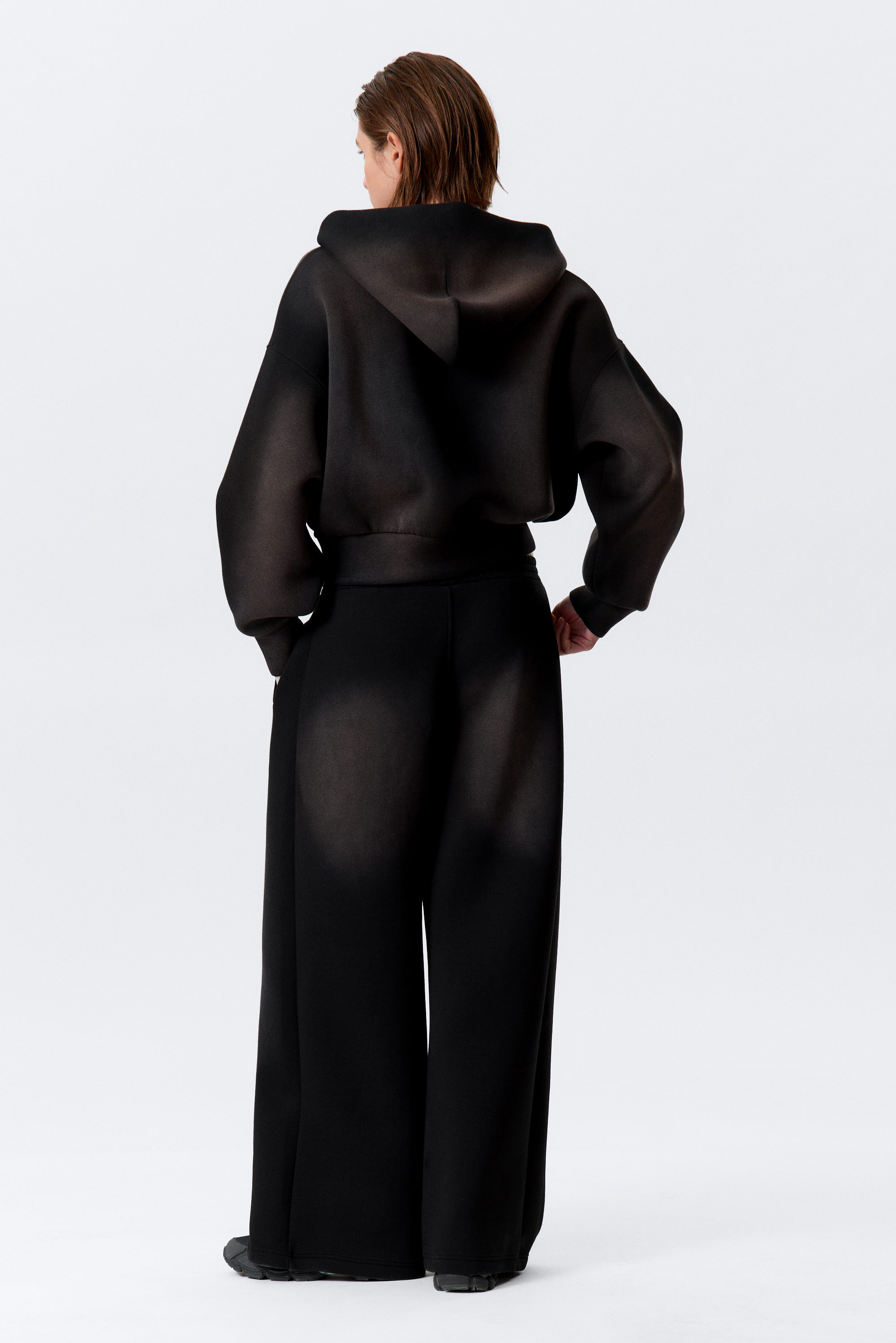 Black Spray Wash - Cropped Washed Scuba Zip Hoodie - 3