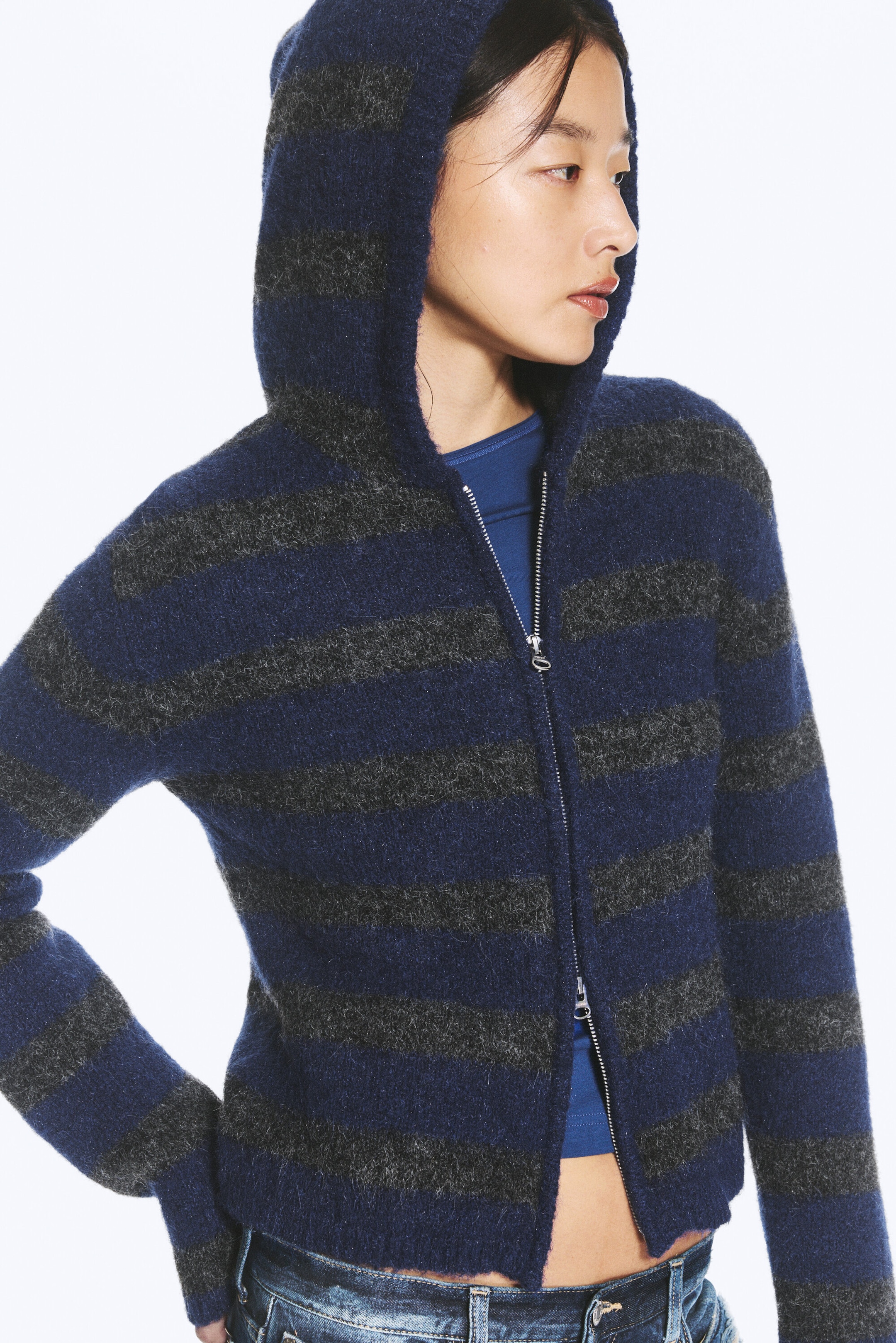 Blue & Grey Stripes - Knitted Wool-Blend Zip Hoodie - 2