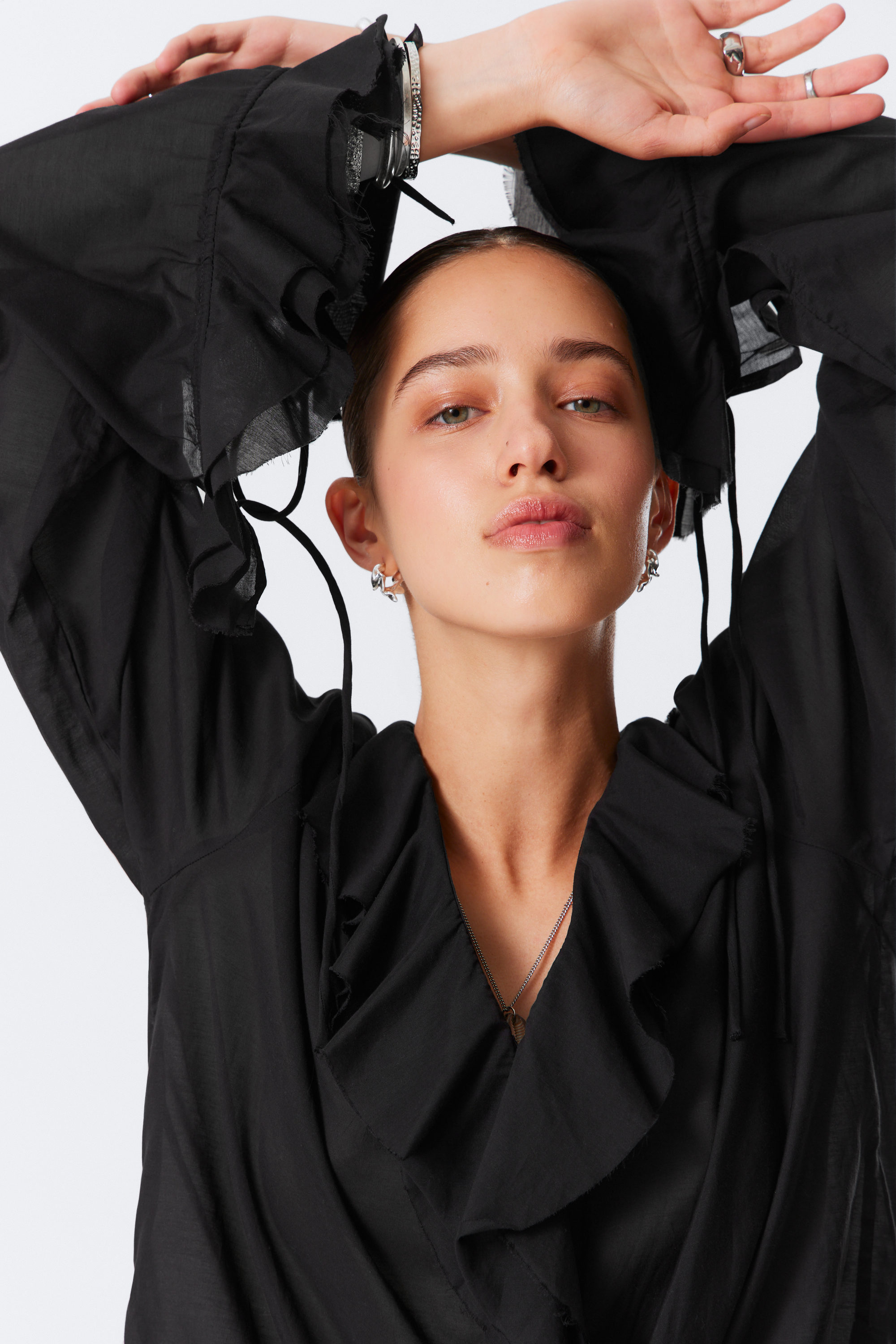 Black - Frilled Long-Sleeved Wrap Blouse - 2