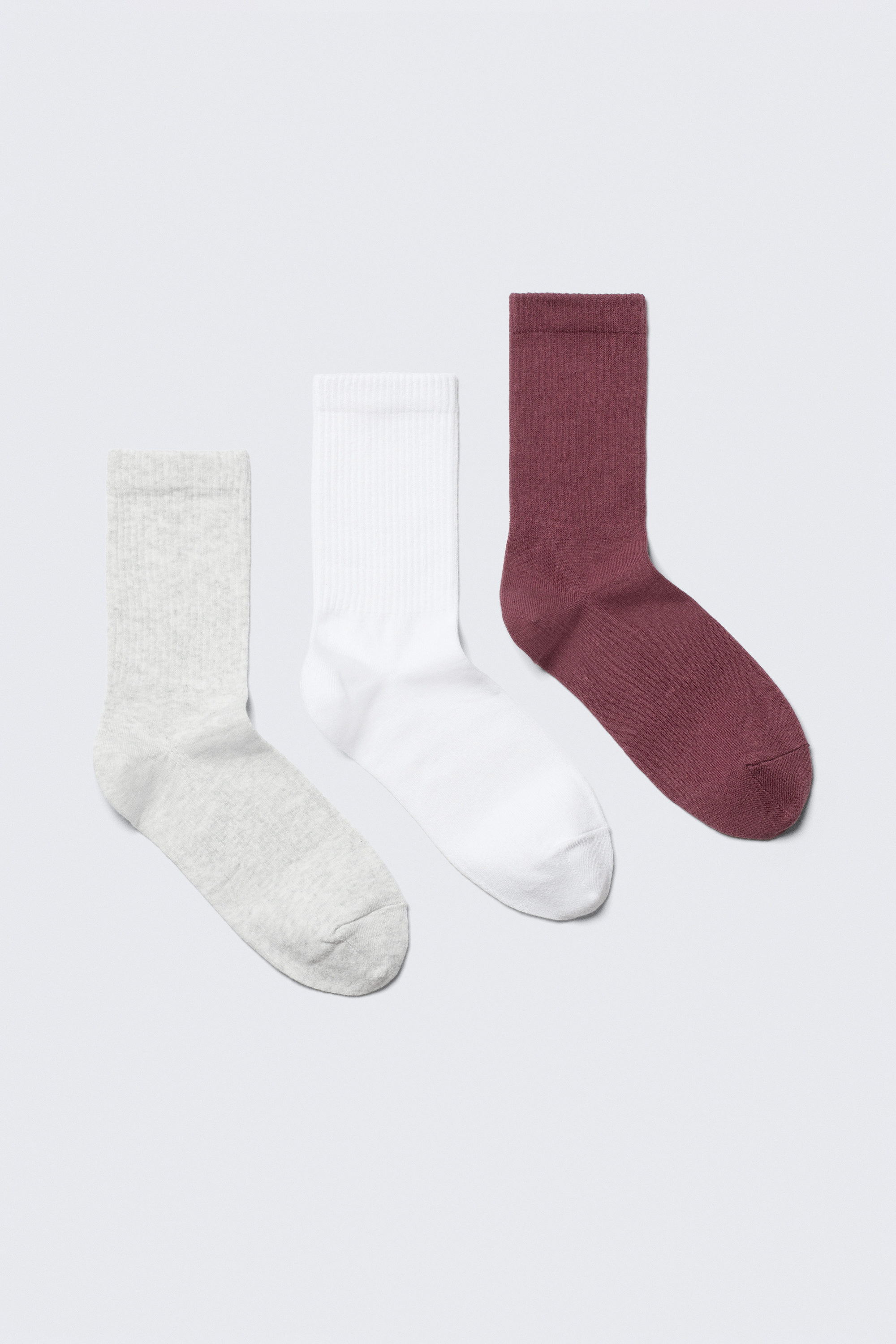 Grey/White/Dark Pink - 3-pack Ribbed Sporty Crew Socks