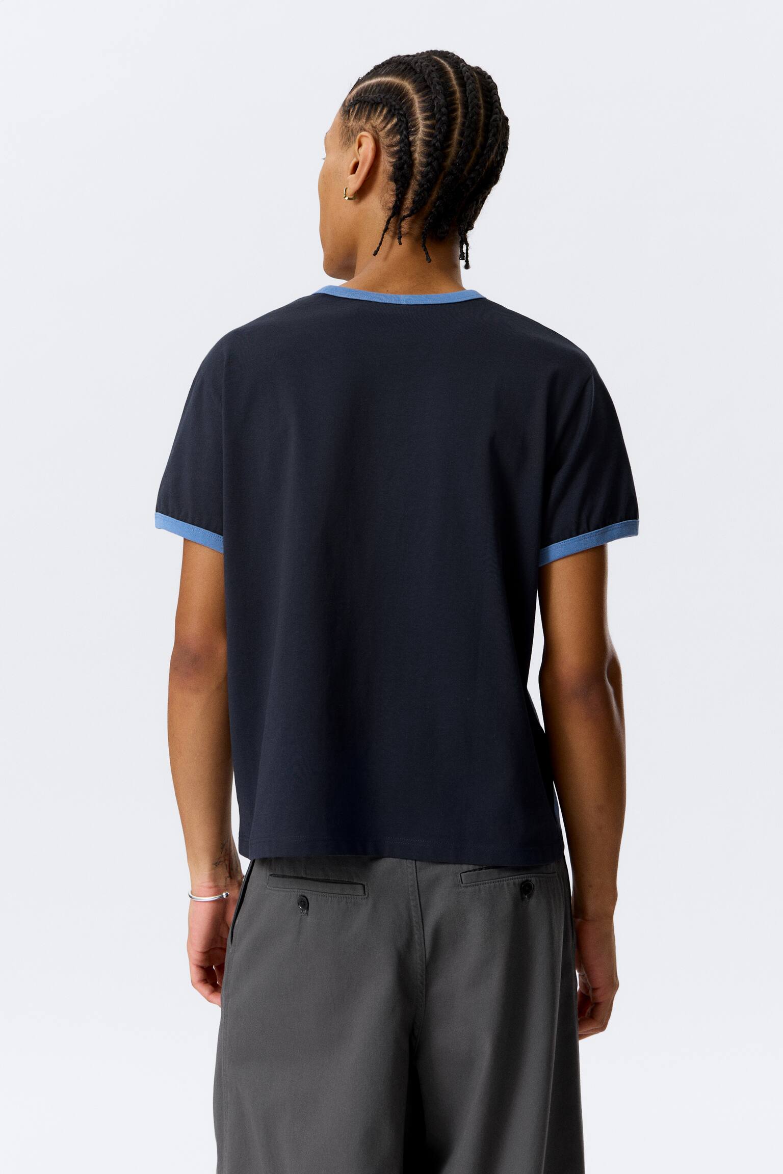 Short-Sleeved Contrast Trim Cotton T-shirt - Dark Blue - Light Blue Binding/White - Green Binding/White - Black Binding - 4