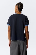 Dark Blue - Light Blue Binding - Short-Sleeved Contrast Trim Cotton T-shirt - 3