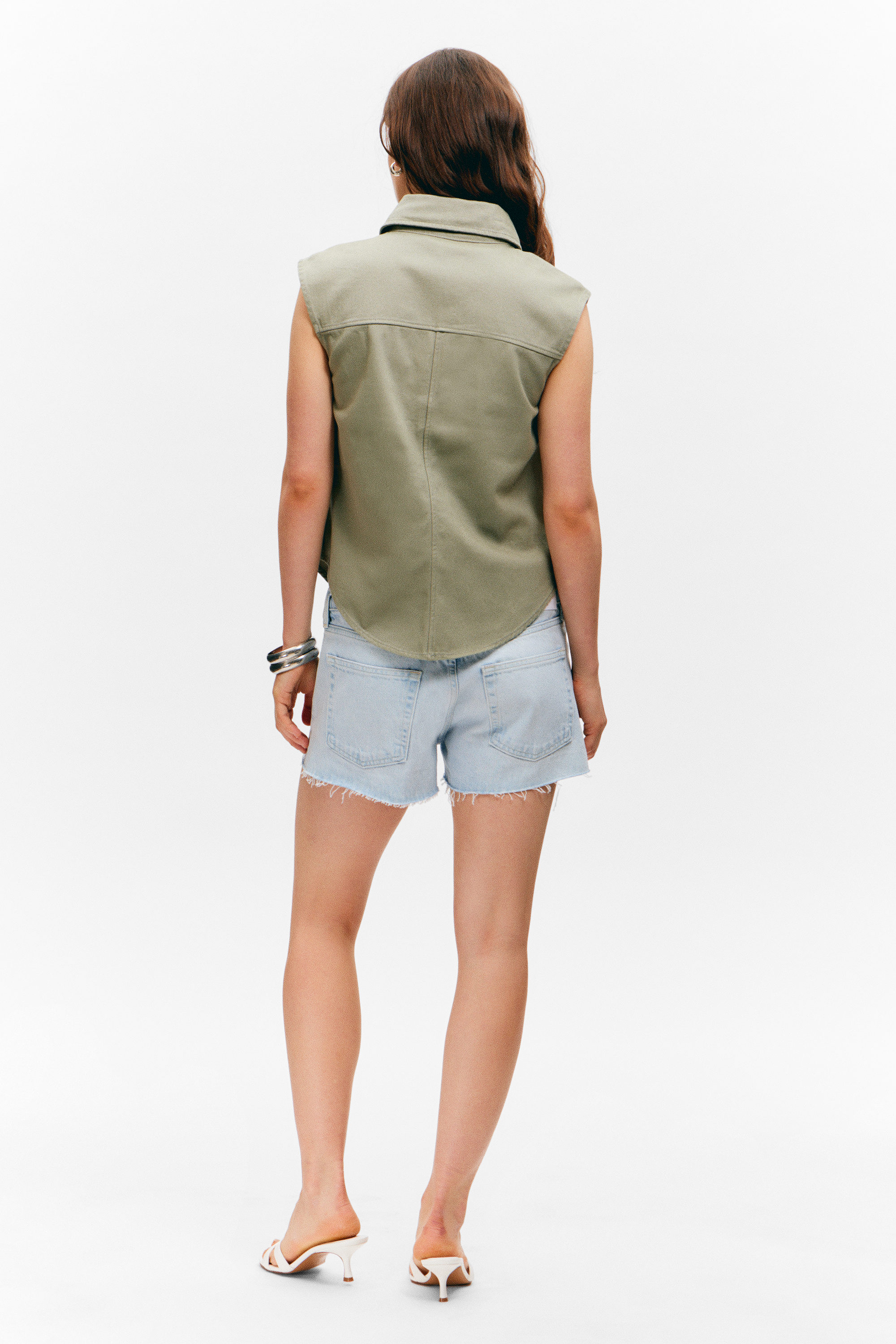 Khaki - Hemd aus Baumwolltwill mit Cap Sleeves - 2