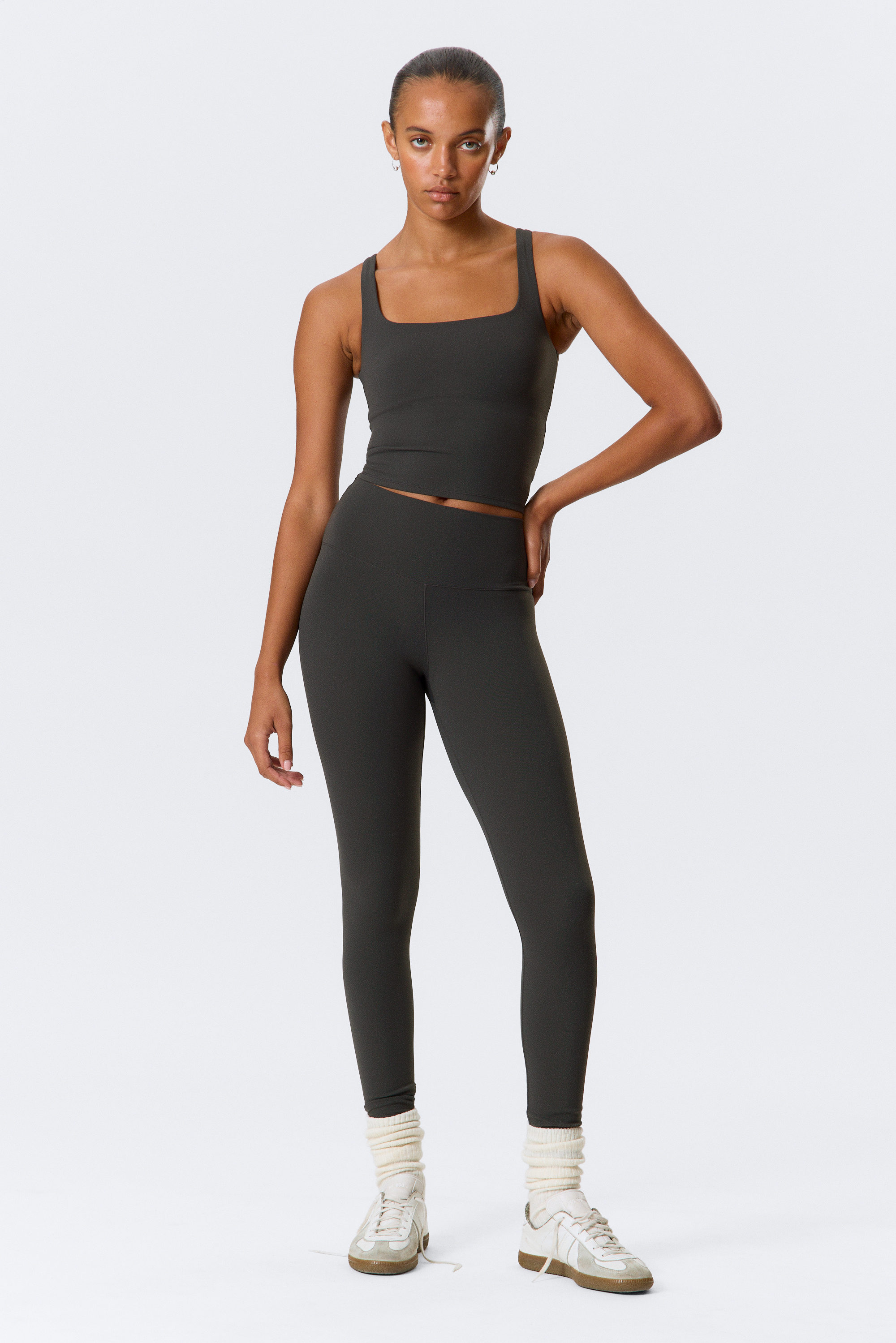 Dark Grey - High Waisted Sports Tights - 2